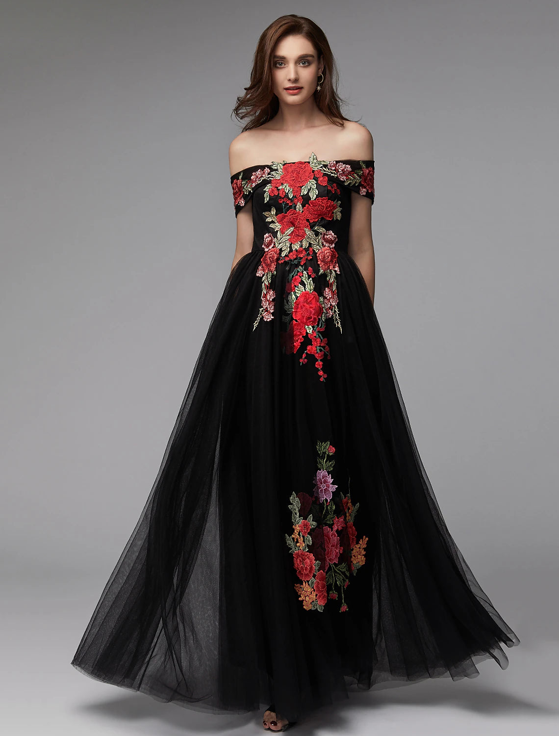 Elegant A-Line Off-Shoulder Floral Lace Tulle Floor-Length Prom Dress.