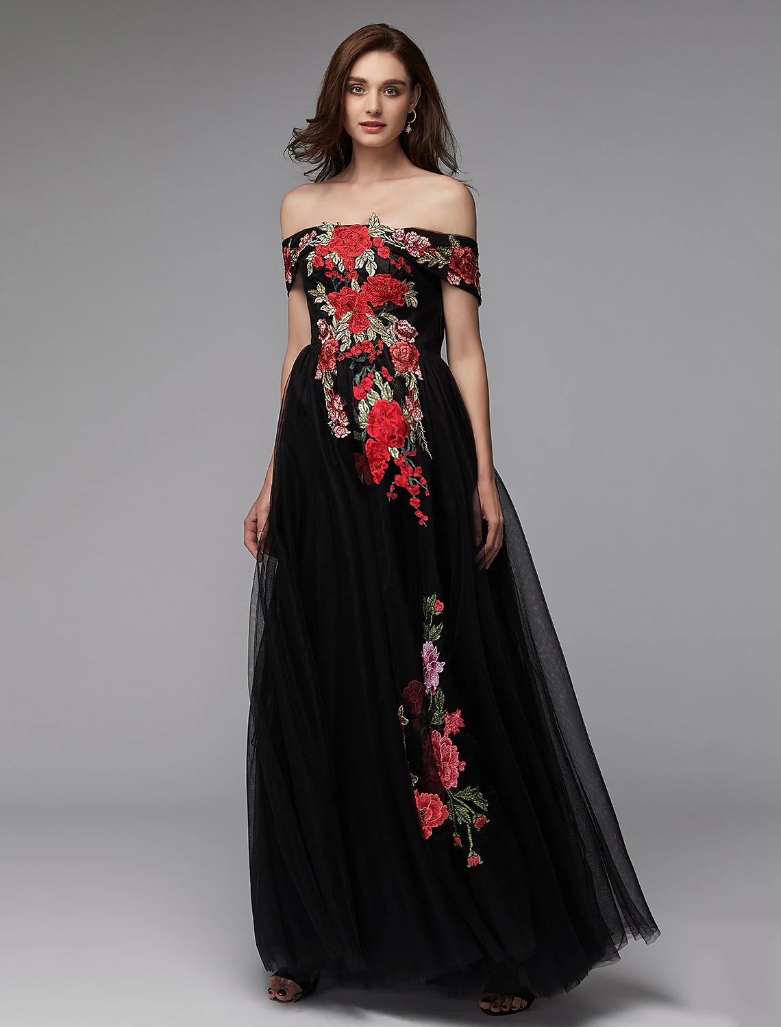 Elegant A-Line Off-Shoulder Floral Lace Tulle Floor-Length Prom Dress.