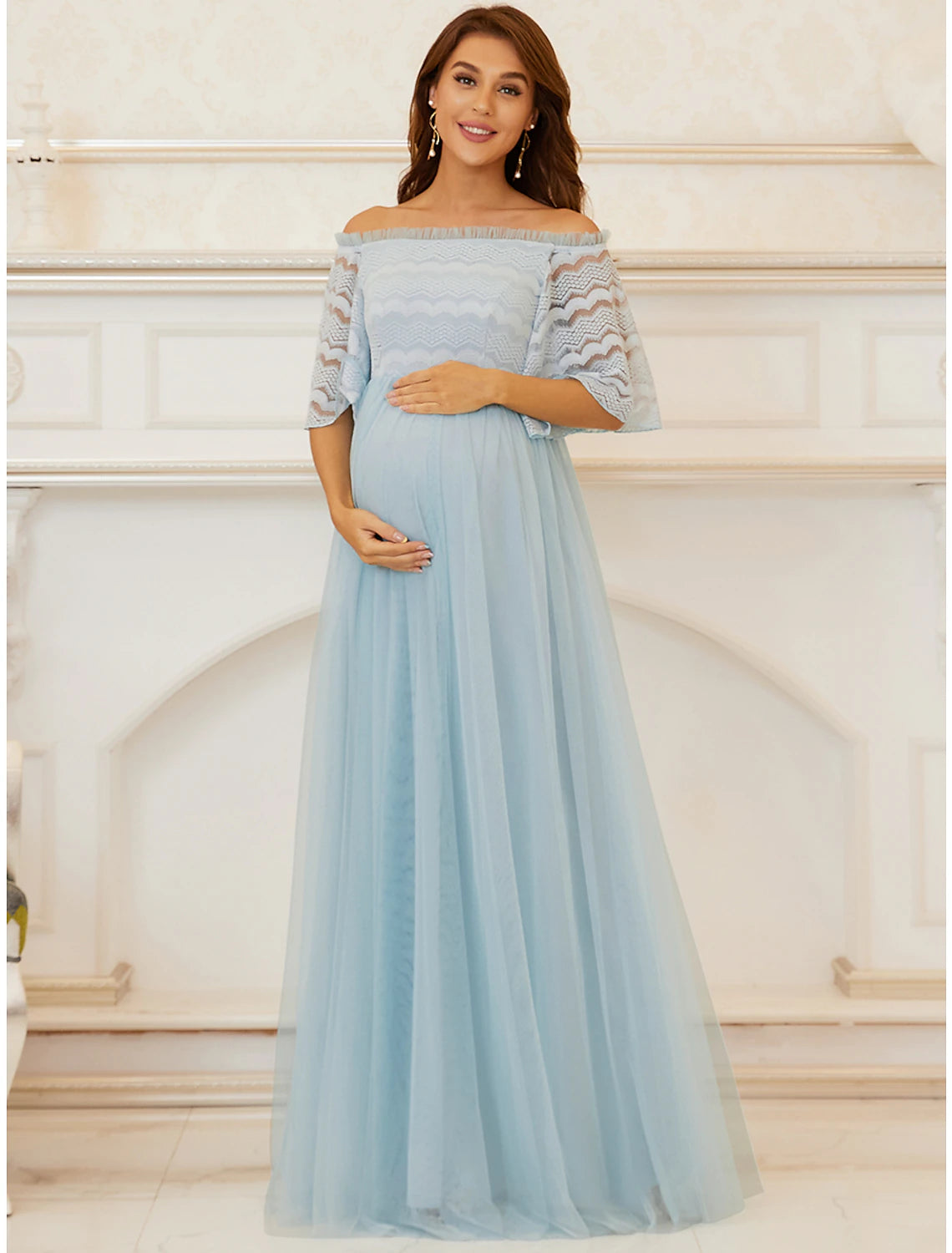 Elegant A-line off-shoulder Mother of the Bride dress with lace tulle and tiered skirt.