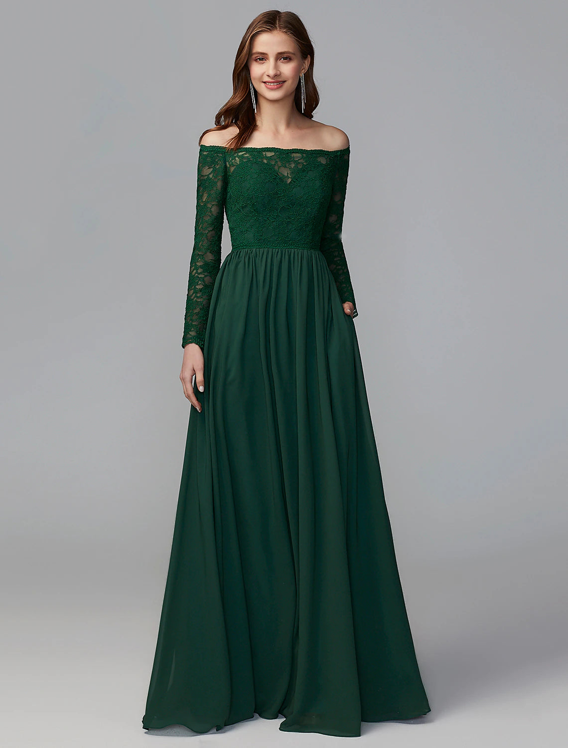 Elegant A-Line Off Shoulder Long Sleeve Chiffon Lace Floor Length Bridesmaid Dress.