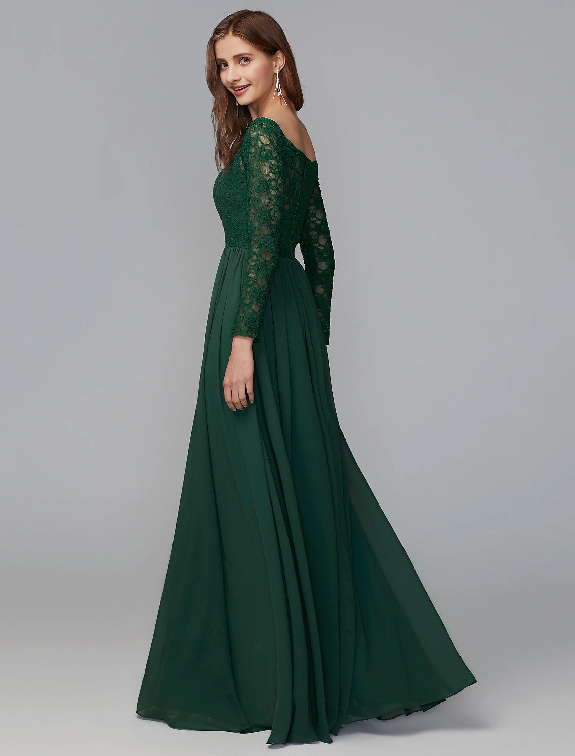 Elegant A-Line Off Shoulder Long Sleeve Chiffon Lace Floor Length Bridesmaid Dress.