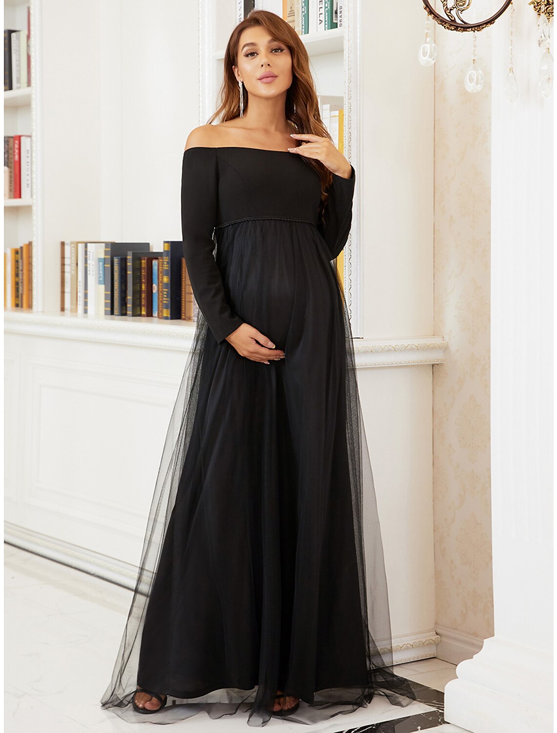 Elegant A-Line Off Shoulder Long Sleeve Tulle Maternity Tiered Gown.