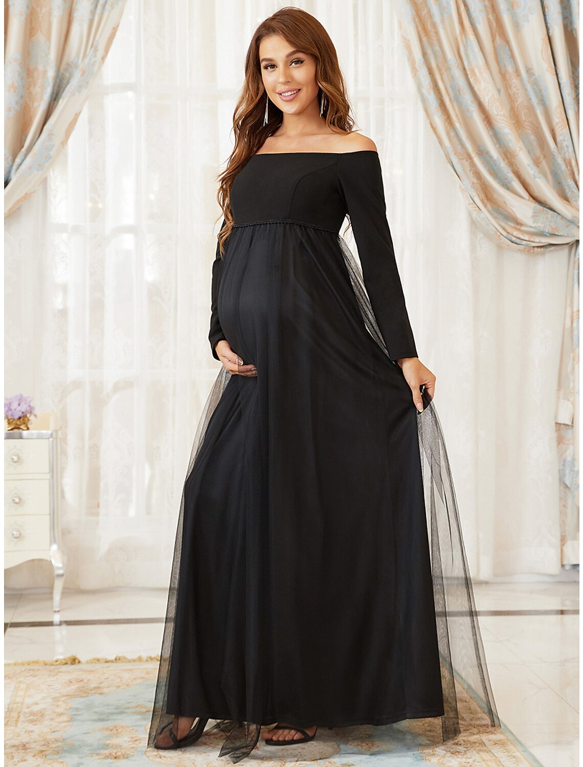 Elegant A-Line Off Shoulder Long Sleeve Tulle Maternity Tiered Gown.