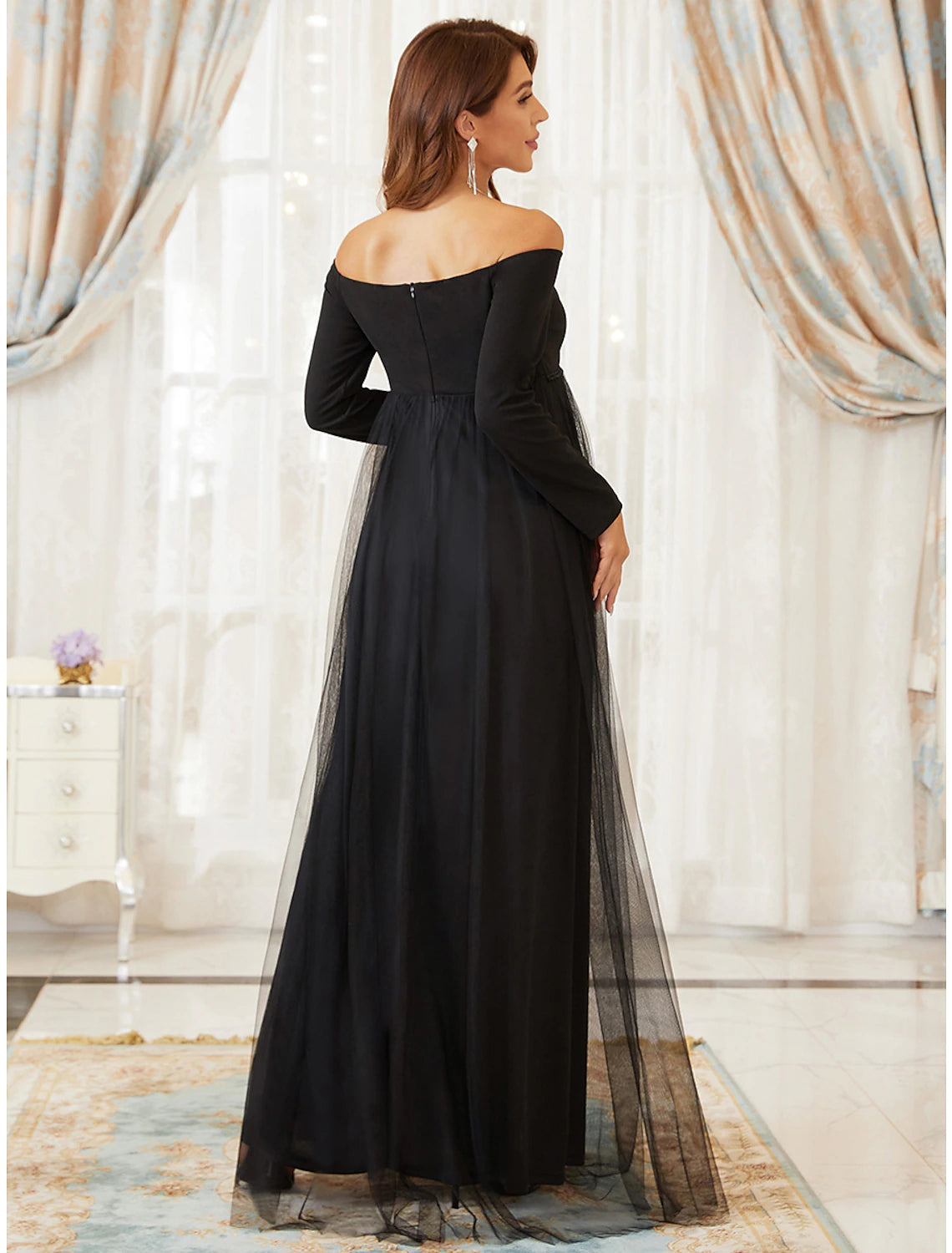 Elegant A-Line Off Shoulder Long Sleeve Tulle Maternity Tiered Gown.