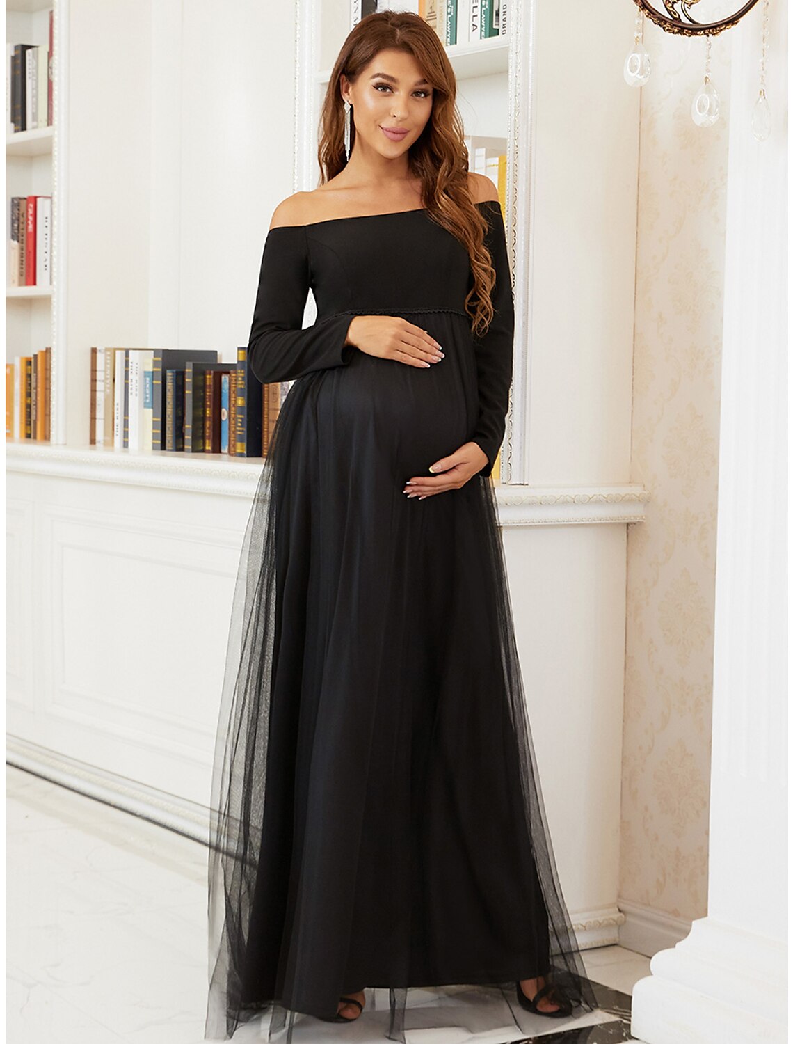 Elegant A-Line Off Shoulder Long Sleeve Tulle Maternity Tiered Gown.