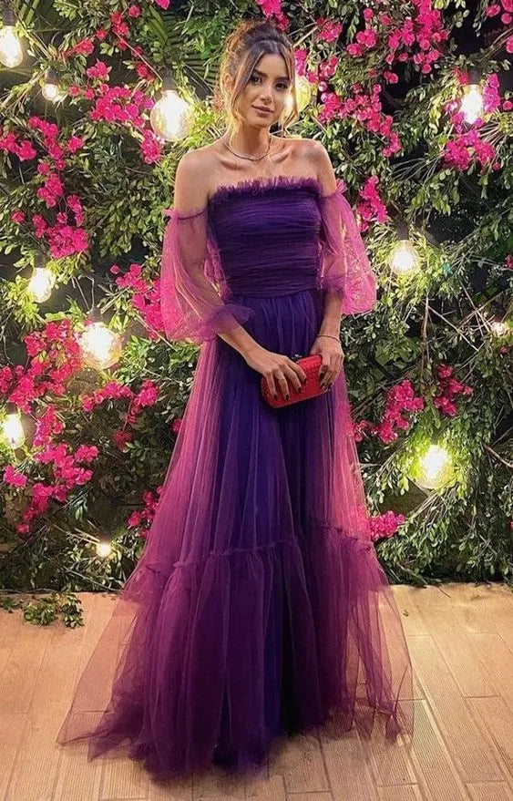 Elegant A-Line Off-Shoulder Puff Sleeve Plain Back Floor Length Formal Evening Dress