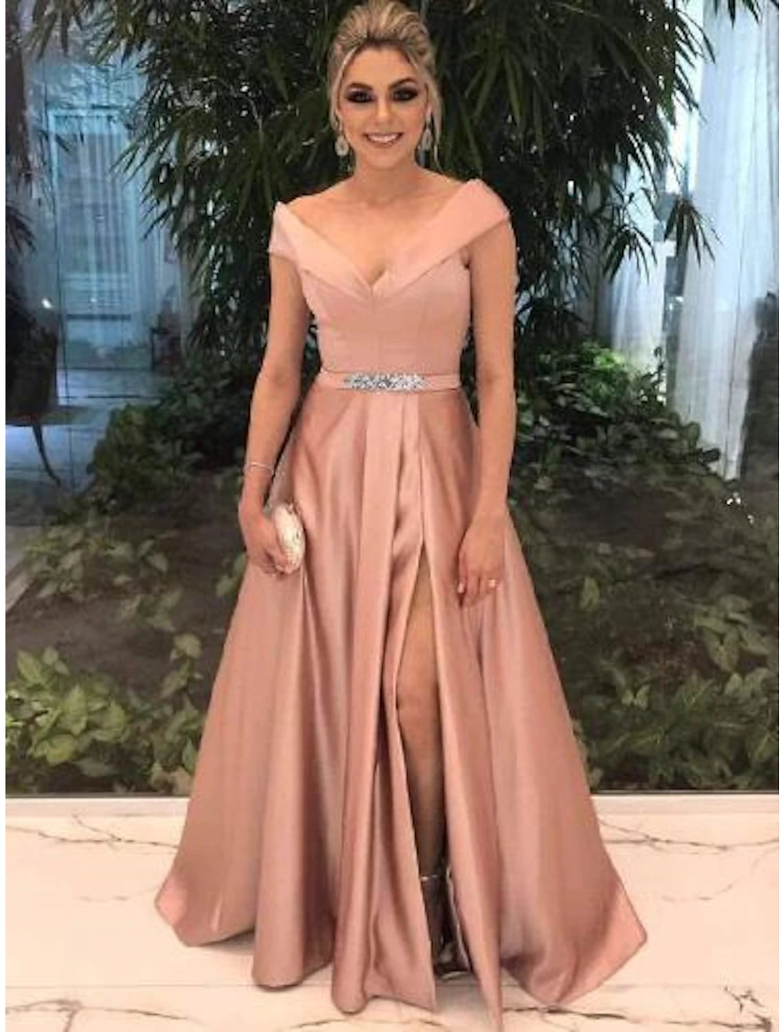 Elegant A-Line Off Shoulder Short Sleeve Satin Prom Dress with Split Front.