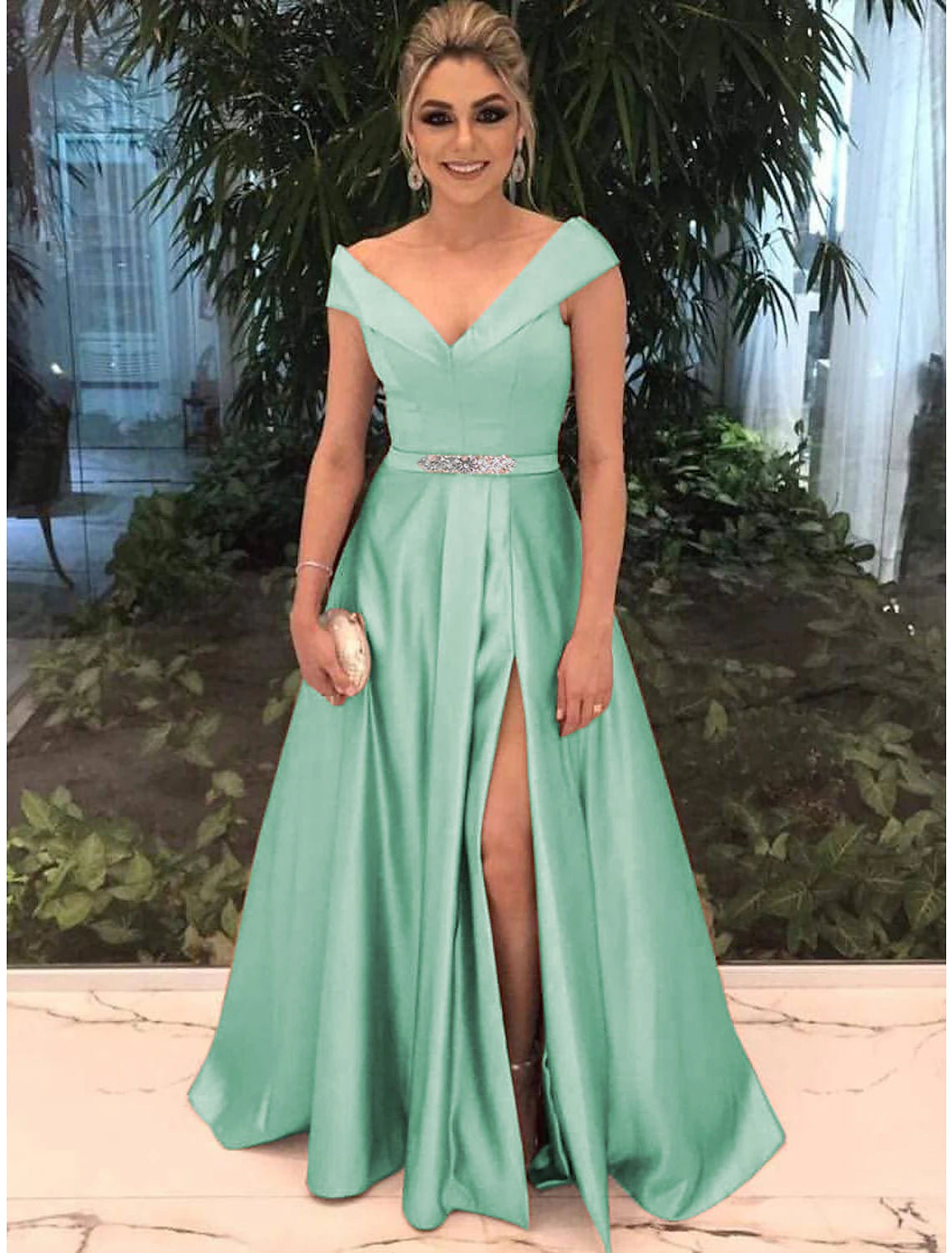 Elegant A-Line Off Shoulder Short Sleeve Satin Prom Dress with Split Front.