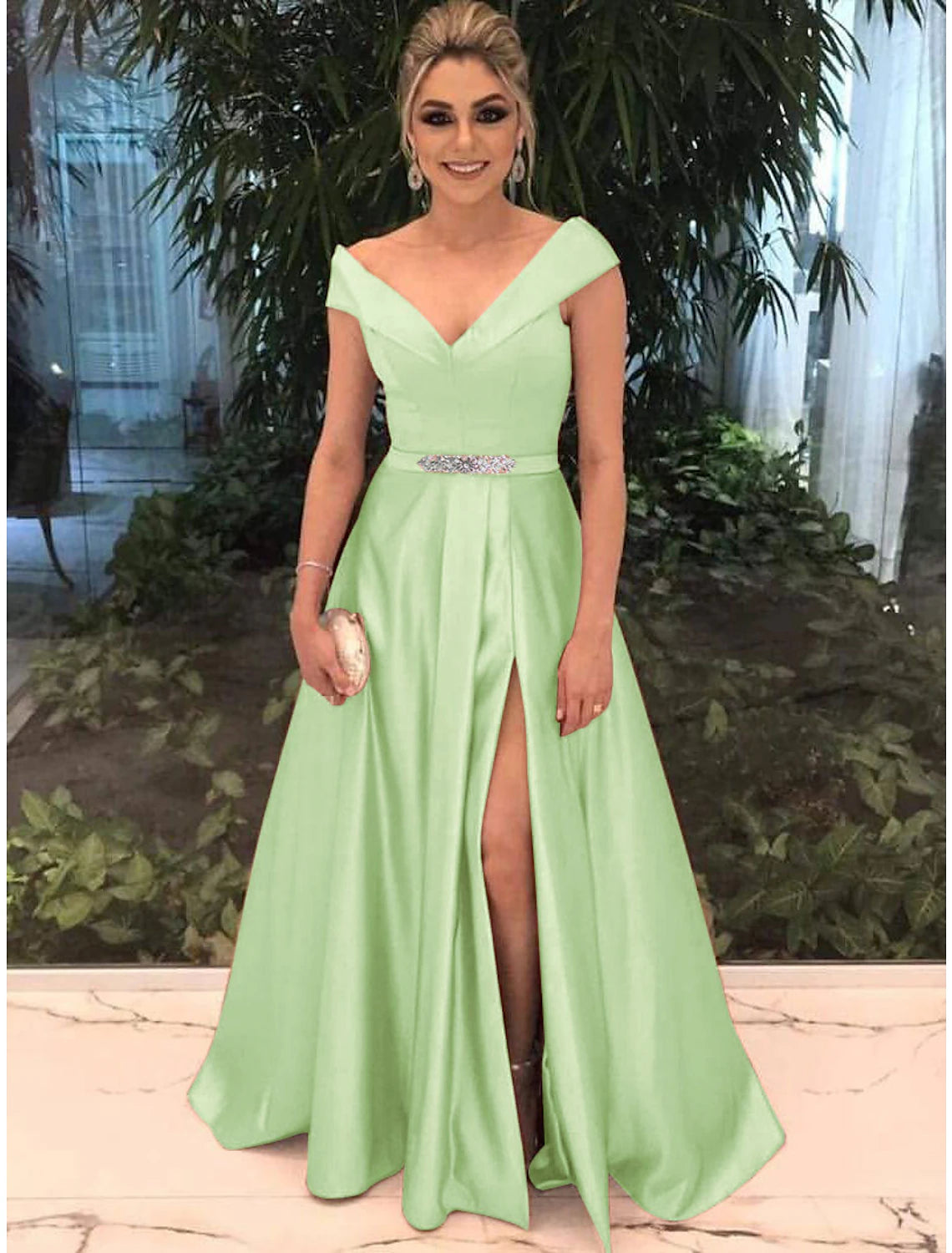Elegant A-Line Off Shoulder Short Sleeve Satin Prom Dress with Split Front.