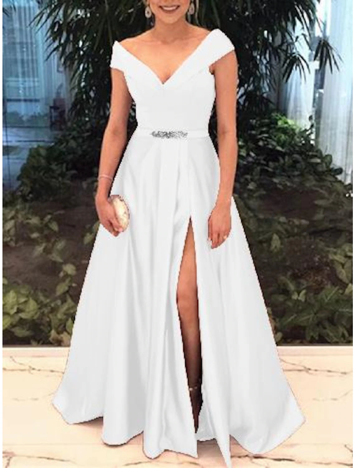 Elegant A-Line Off Shoulder Short Sleeve Satin Prom Dress with Split Front.
