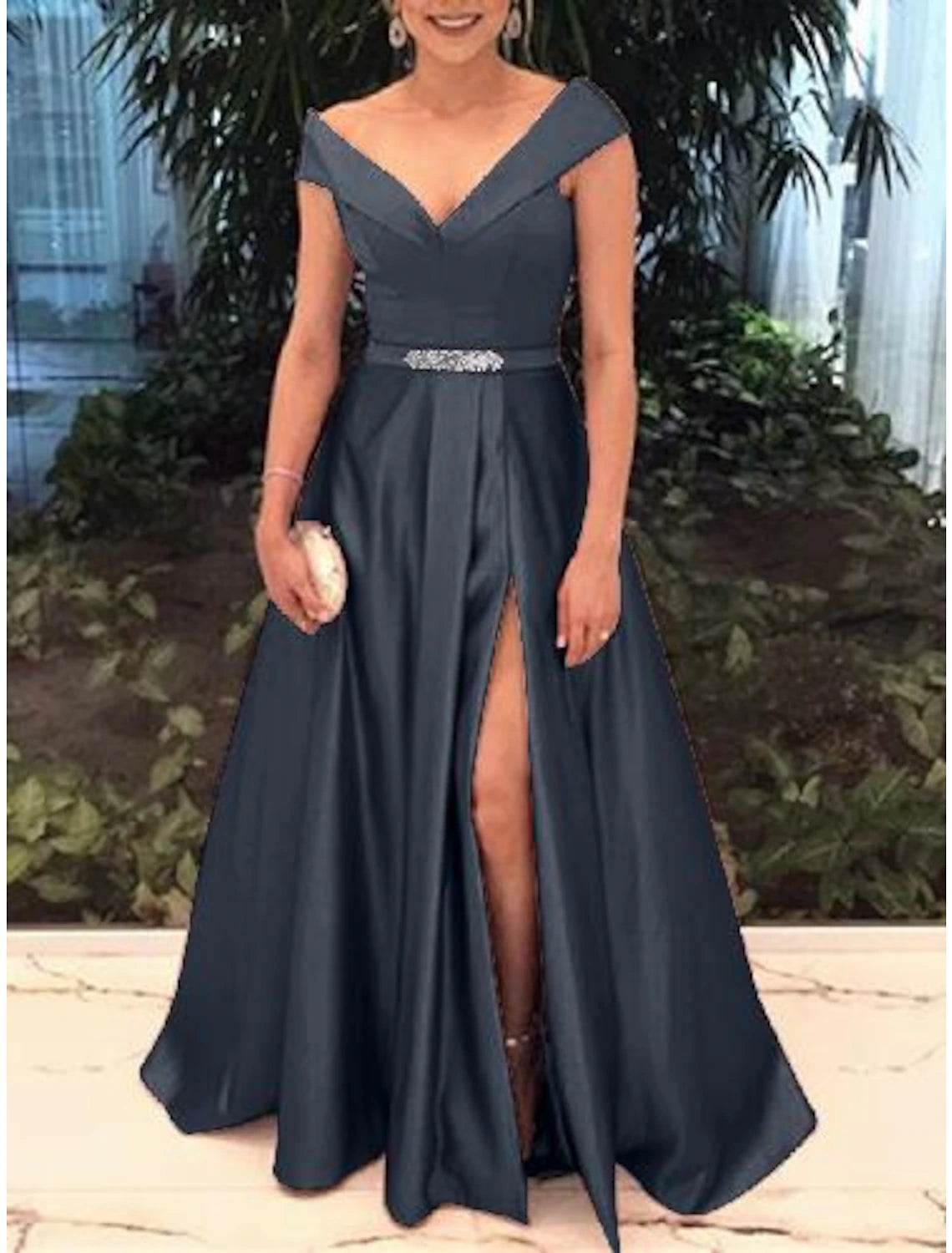 Elegant A-Line Off Shoulder Short Sleeve Satin Prom Dress with Split Front.