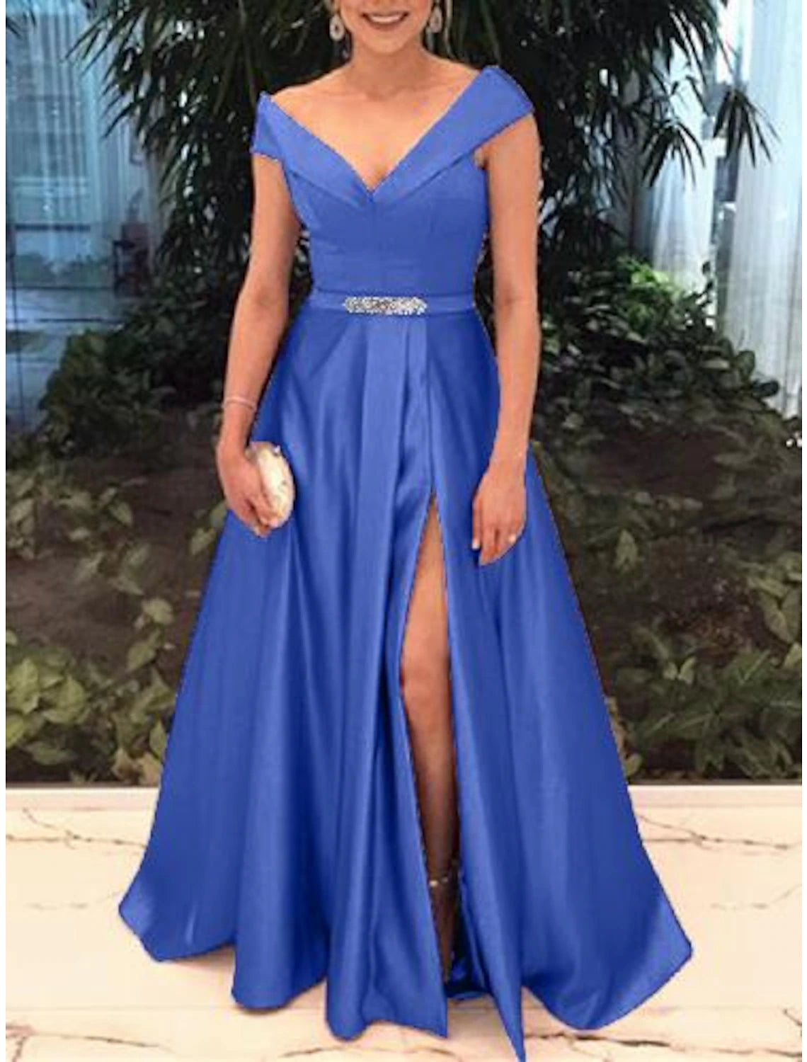 Elegant A-Line Off Shoulder Short Sleeve Satin Prom Dress with Split Front.