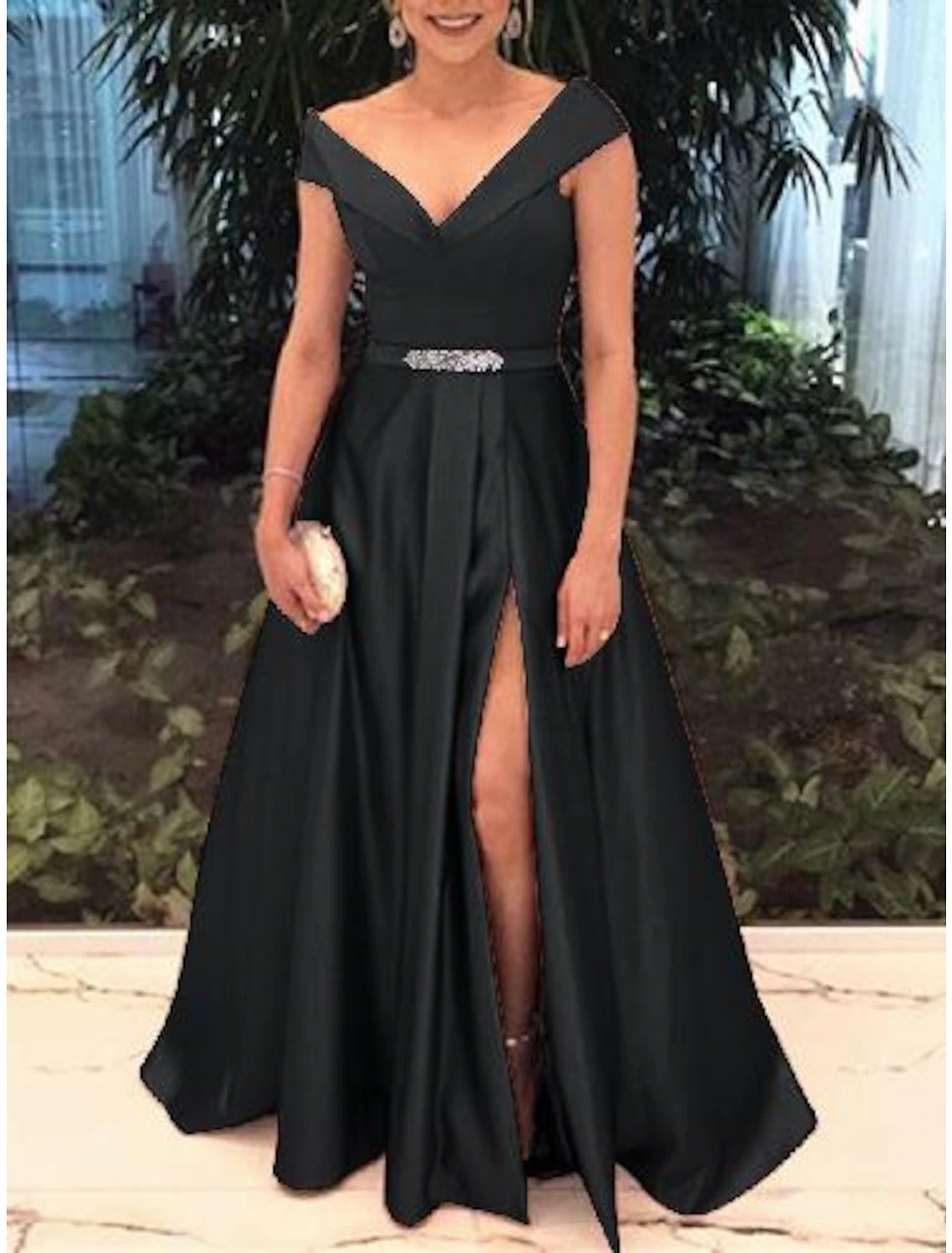 Elegant A-Line Off Shoulder Short Sleeve Satin Prom Dress with Split Front.