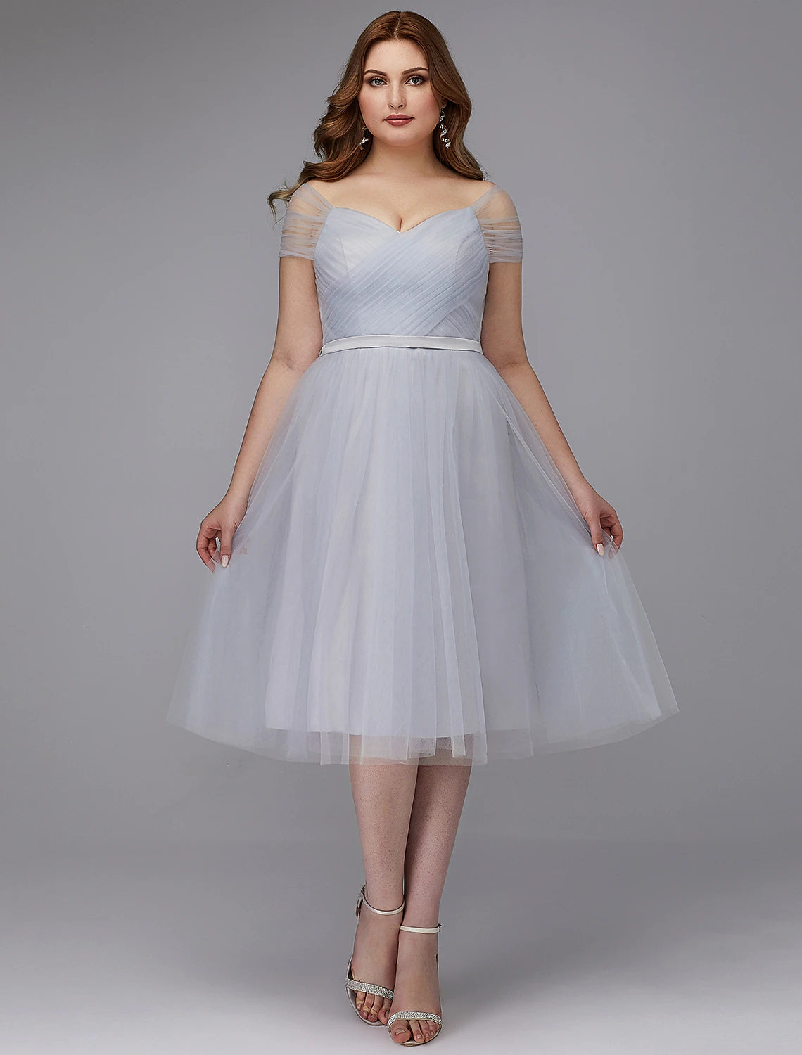 Elegant A-Line Off-Shoulder Short Sleeve Tulle Sash Tea Length Dress.