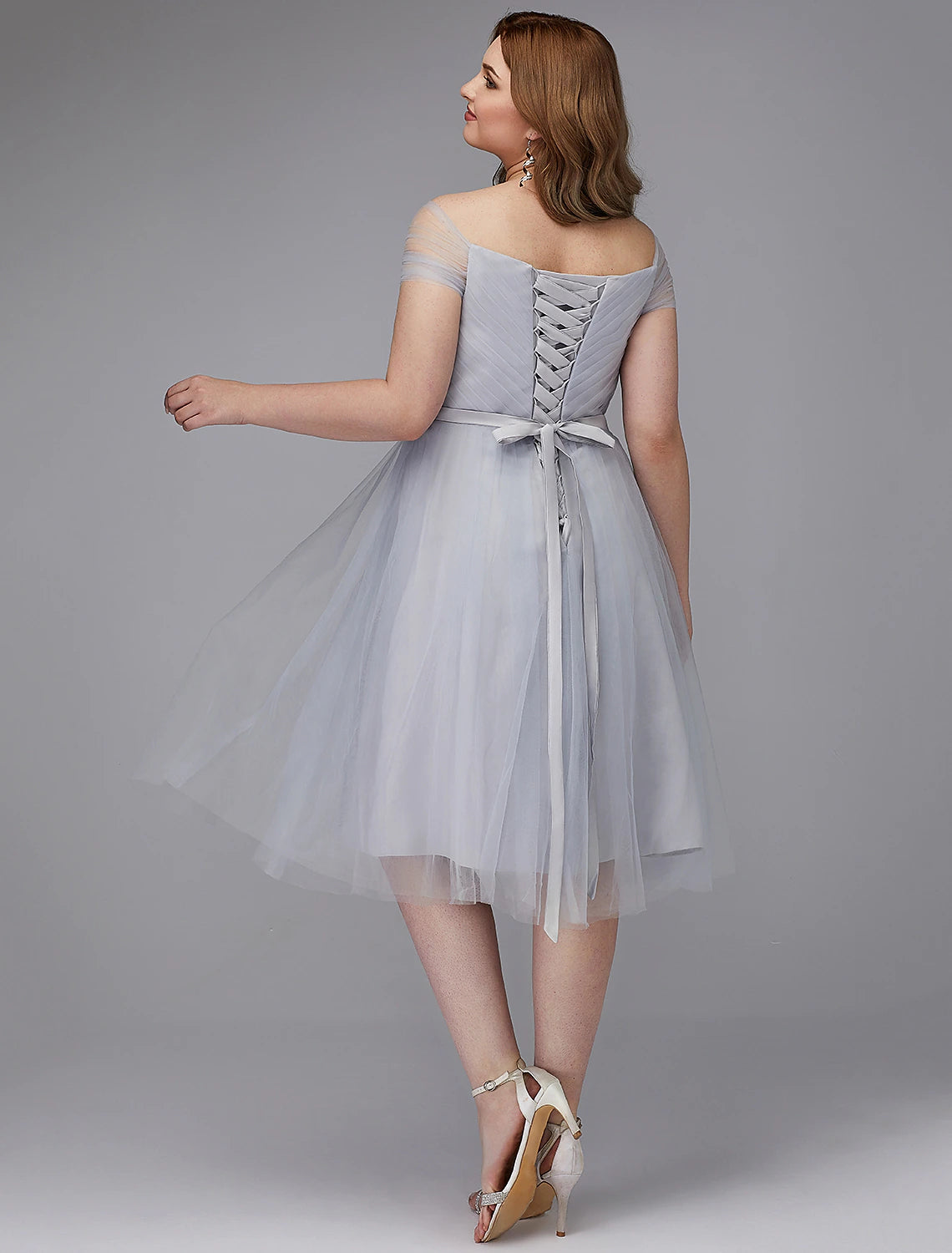 Elegant A-Line Off-Shoulder Short Sleeve Tulle Sash Tea Length Dress.