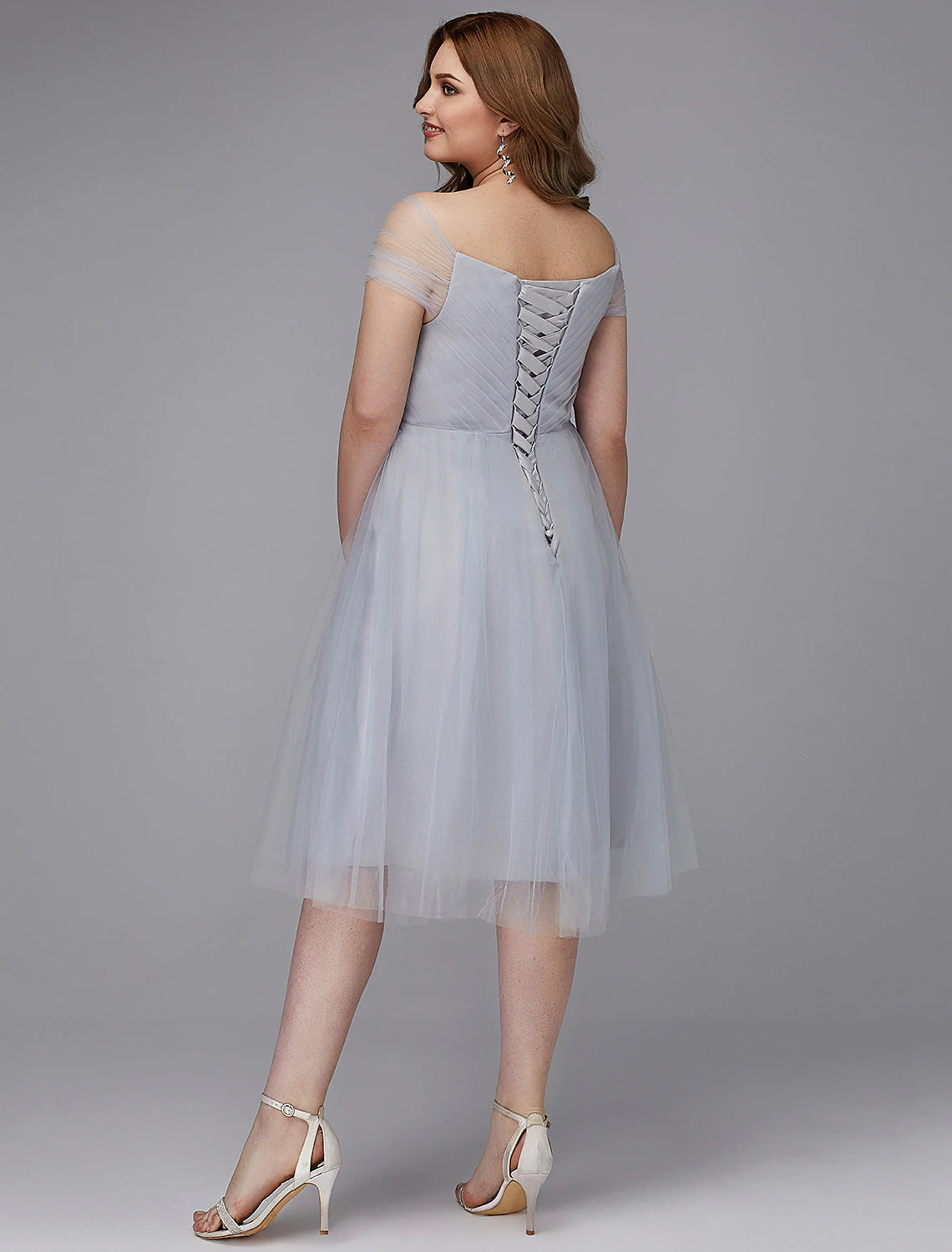 Elegant A-Line Off-Shoulder Short Sleeve Tulle Sash Tea Length Dress.