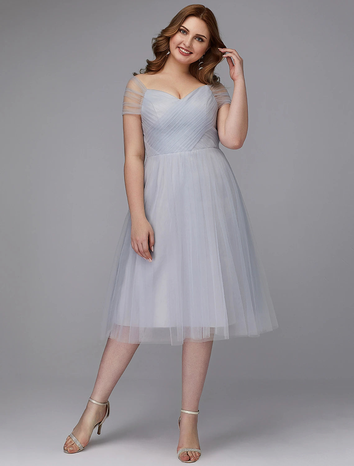 Elegant A-Line Off-Shoulder Short Sleeve Tulle Sash Tea Length Dress.