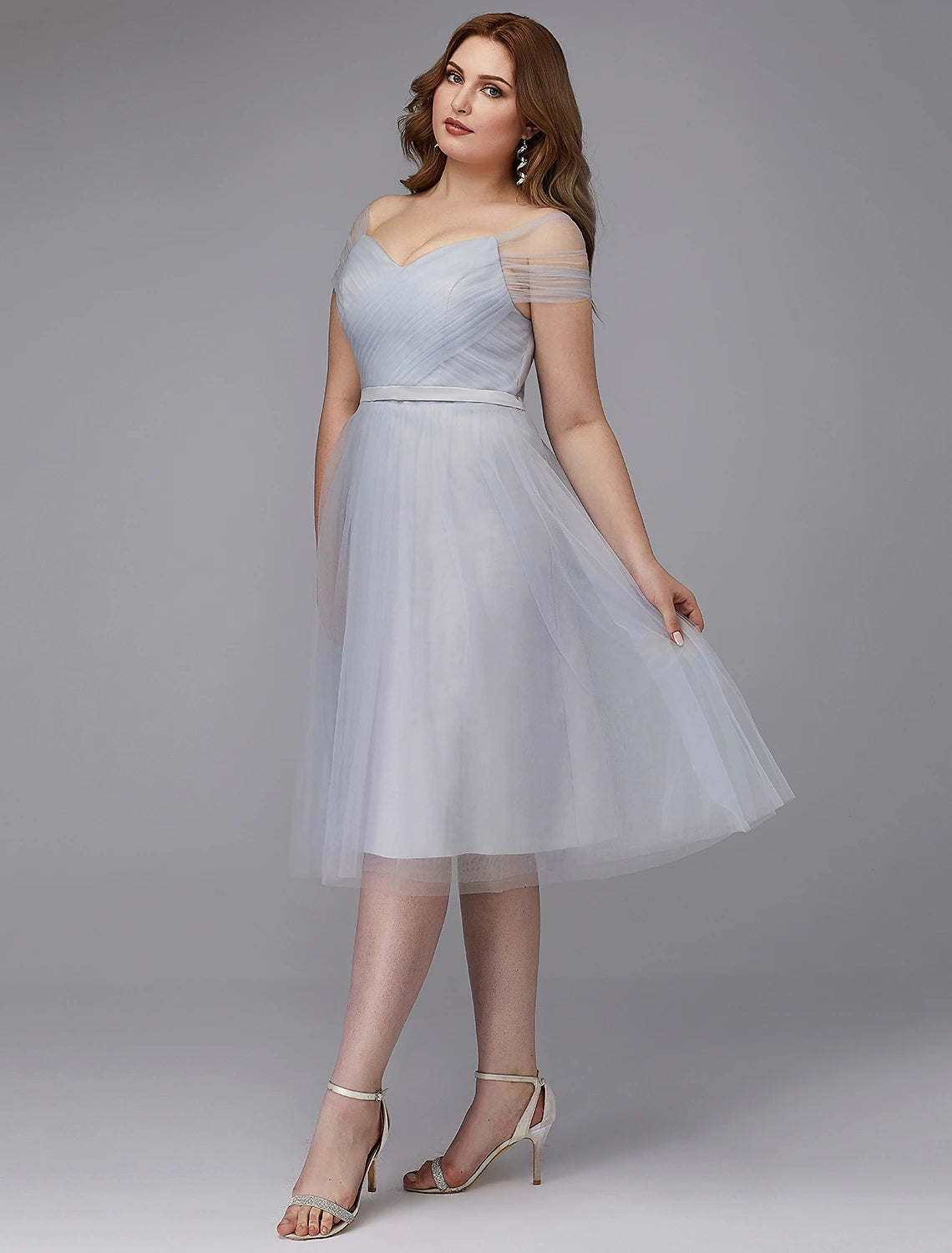Elegant A-Line Off-Shoulder Short Sleeve Tulle Sash Tea Length Dress.