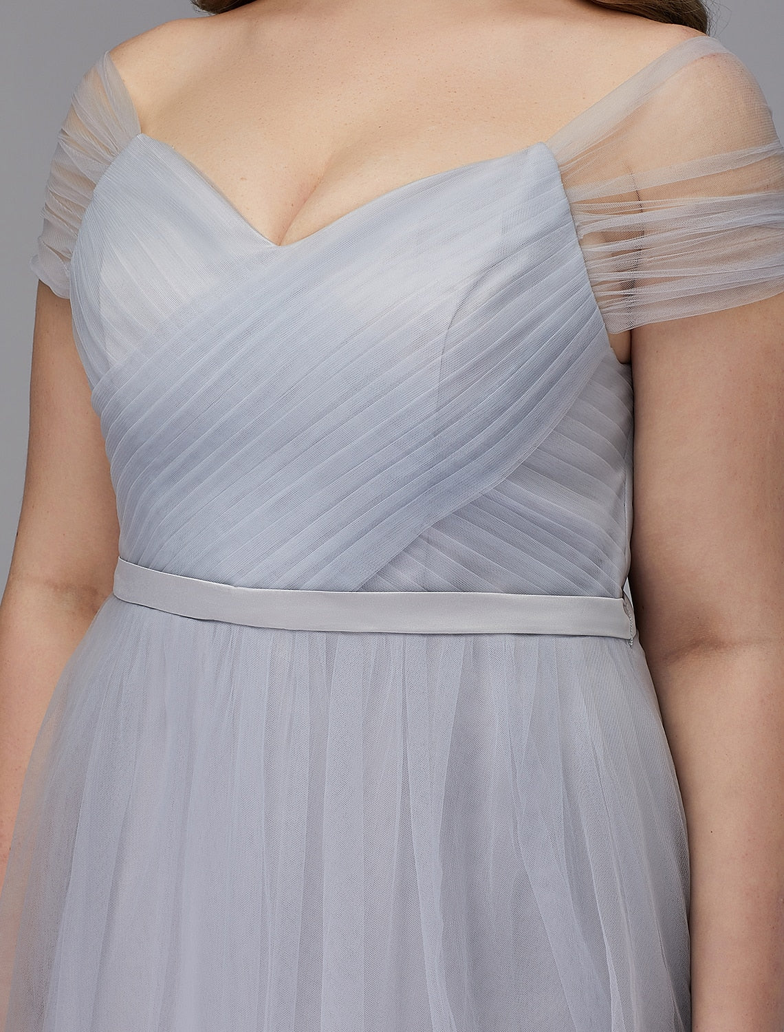 Elegant A-Line Off-Shoulder Short Sleeve Tulle Sash Tea Length Dress.