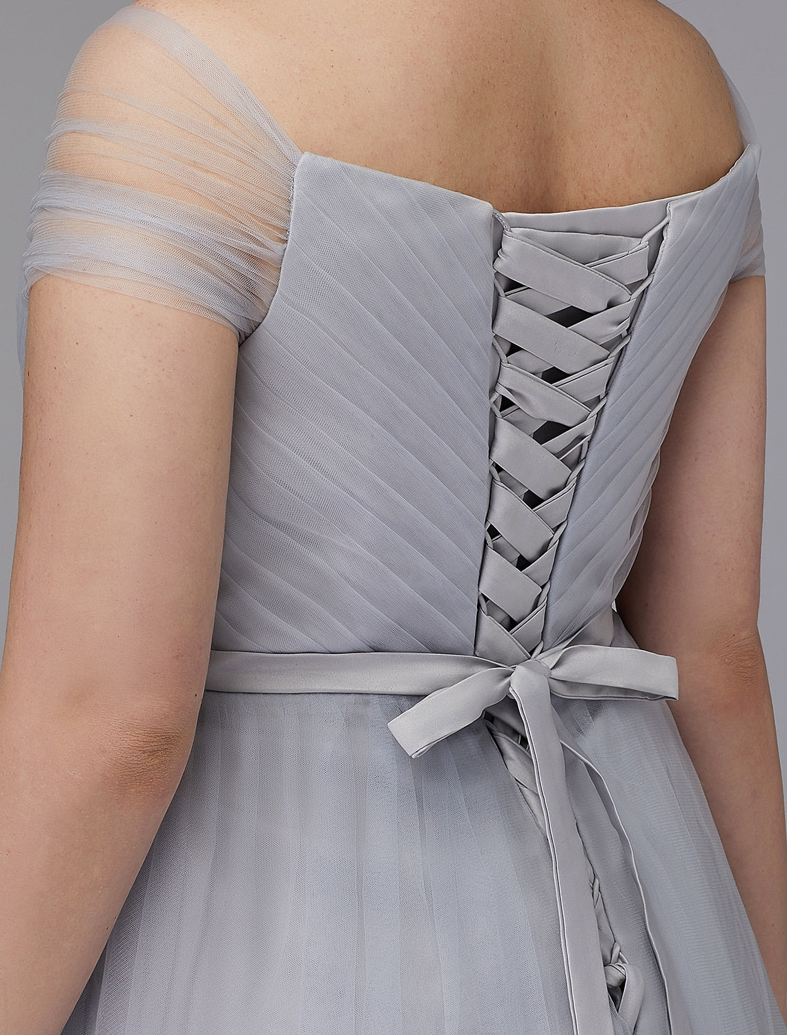 Elegant A-Line Off-Shoulder Short Sleeve Tulle Sash Tea Length Dress.