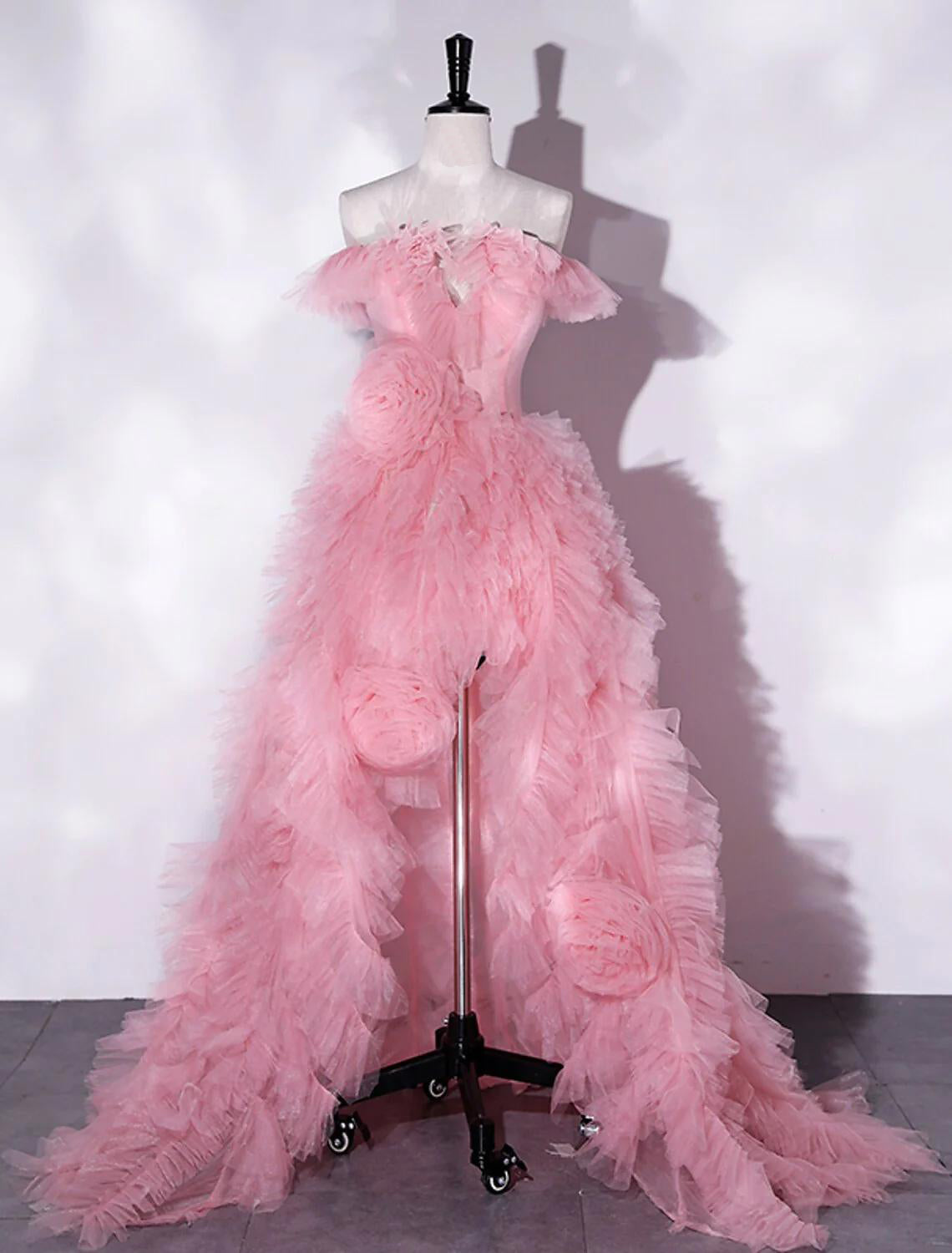 Model in elegant A-Line off-shoulder floral tulle prom dress with slit.