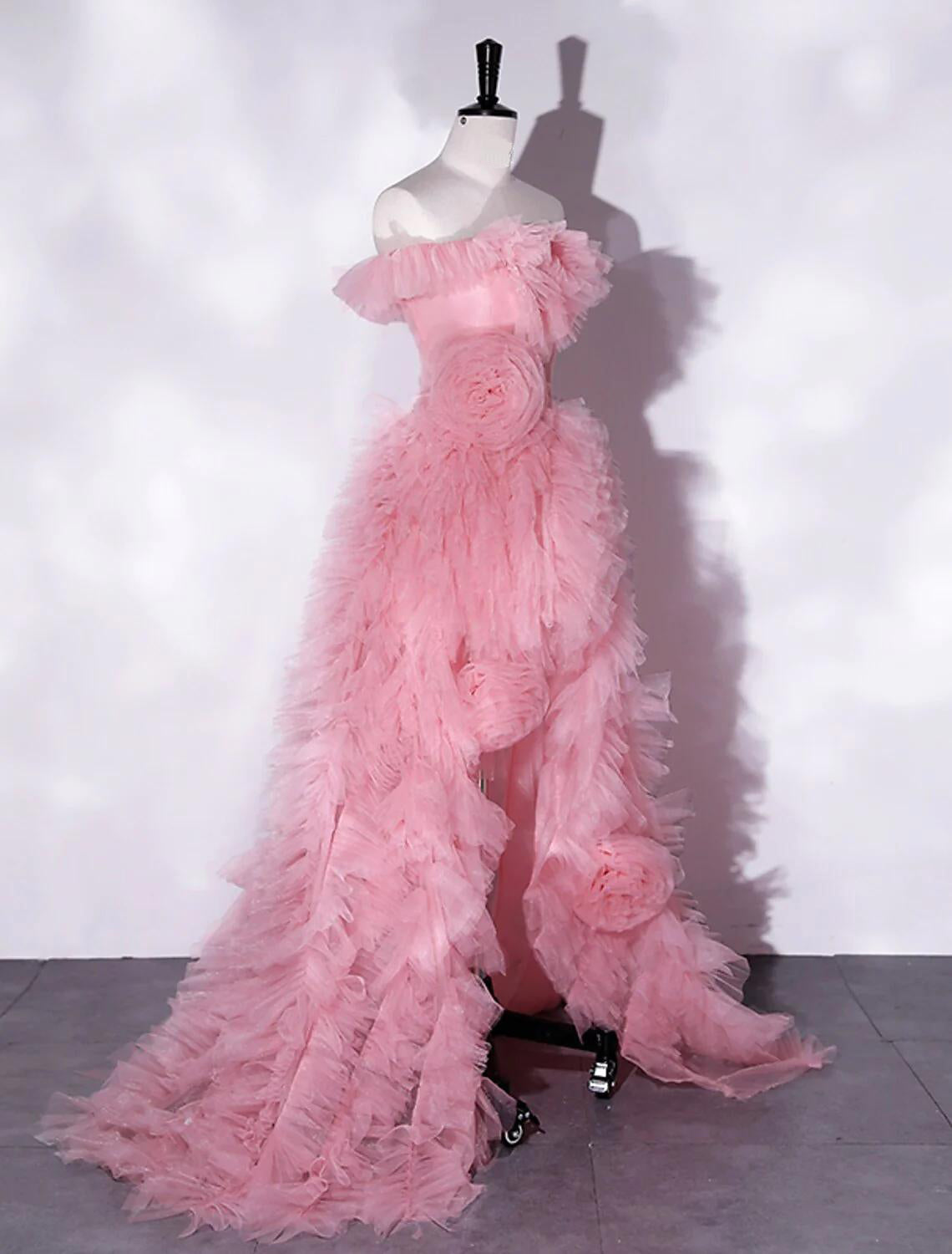 Front view of elegant off-shoulder floral tulle prom dress with high slit.