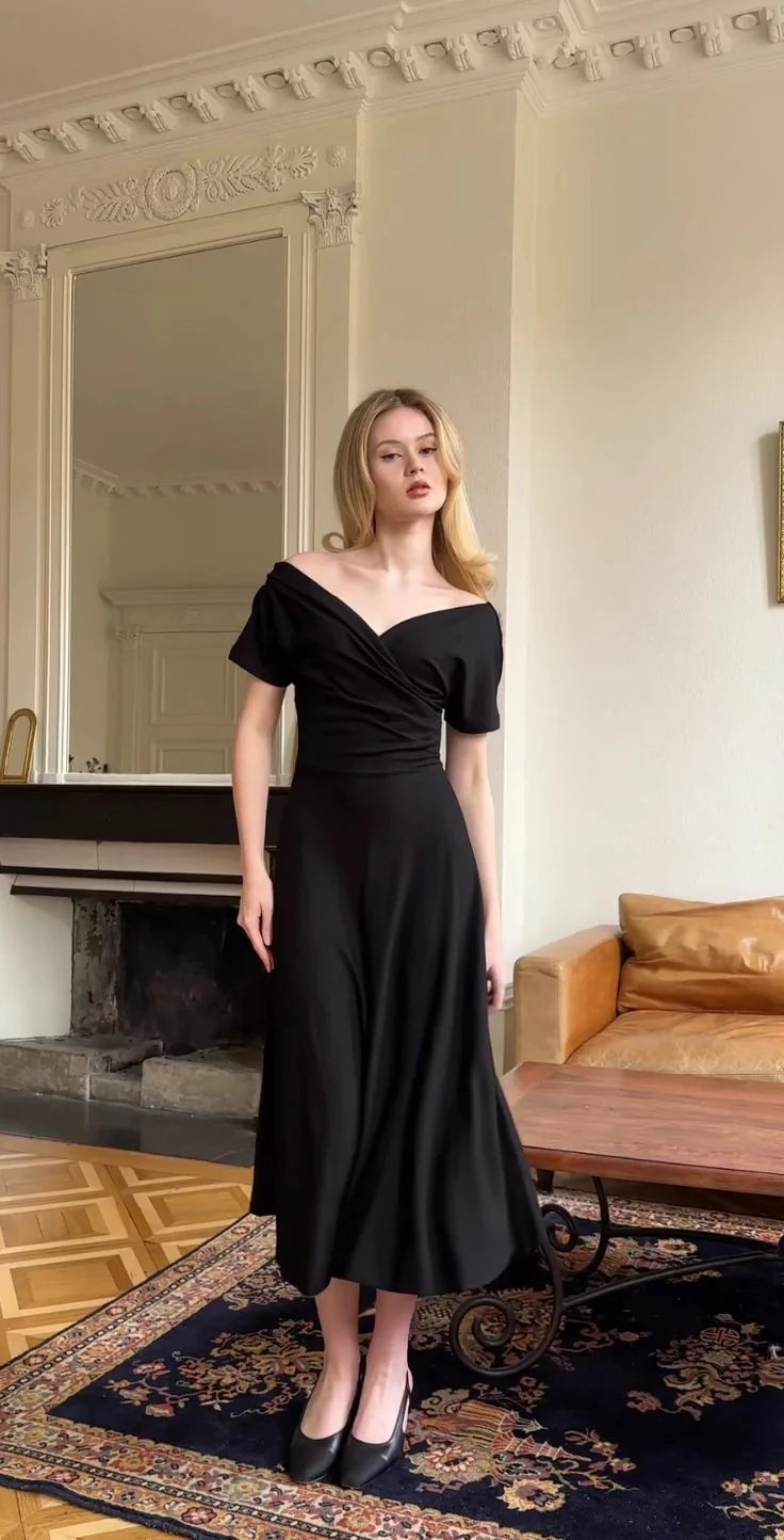 Elegant A-Line Off-The-Shoulder Short-Sleeve Midi-Length Evening Dress