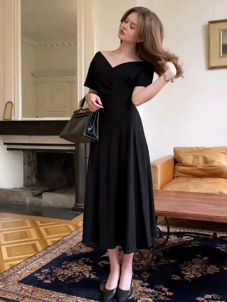 Elegant A-Line Off-The-Shoulder Short-Sleeve Midi-Length Evening Dress