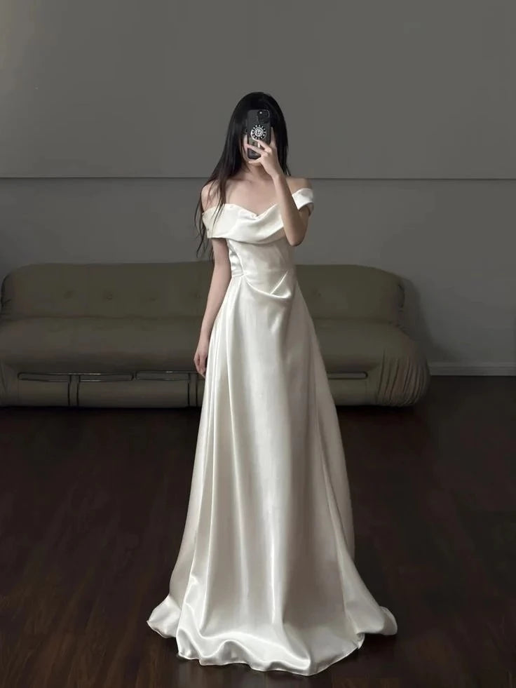 Elegant A-Line Off-The-Shoulder Short Sleeve Open Back Satin Wedding Evening Dress