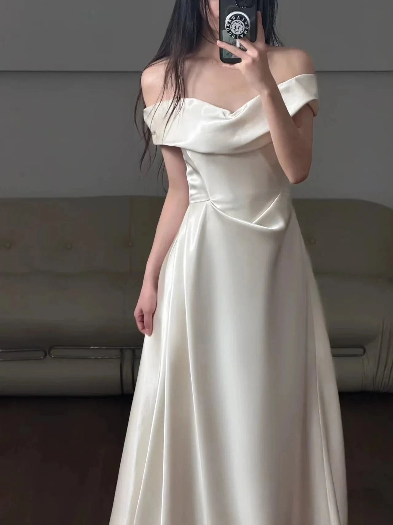 Elegant A-Line Off-The-Shoulder Short Sleeve Open Back Satin Wedding Evening Dress