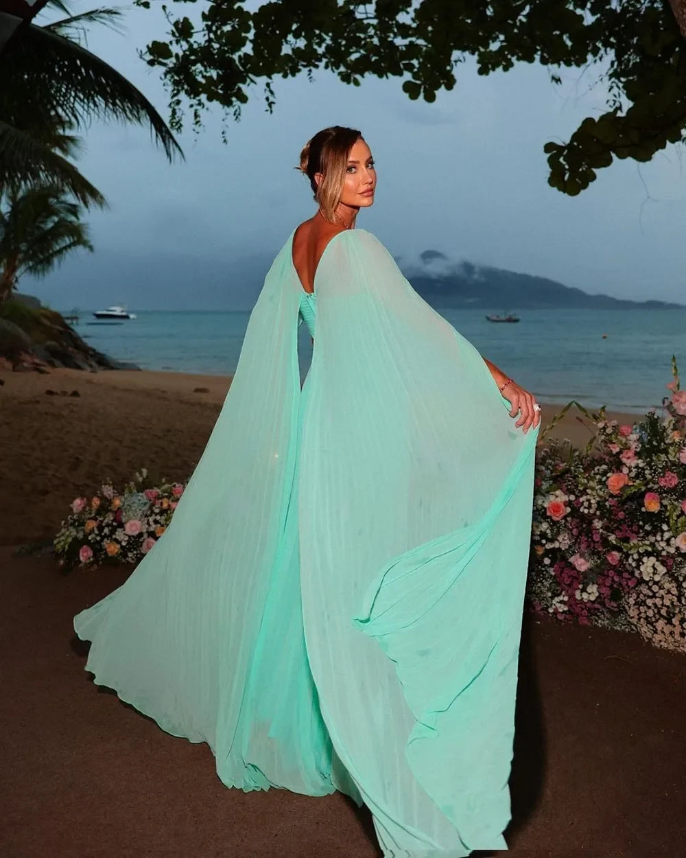 Elegant A-Line One-Shoulder Cape-Sleeve Cutout-Back Maxi-Length Evening Dress