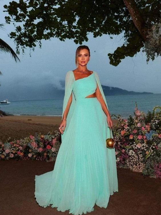 Elegant A-Line One-Shoulder Cape-Sleeve Cutout-Back Maxi-Length Evening Dress