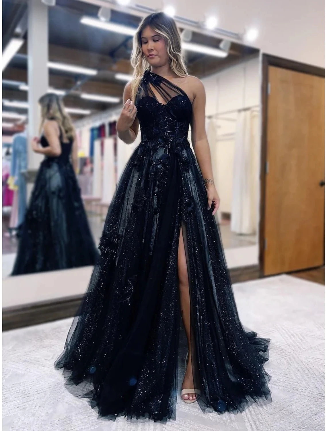 Elegant A-Line One Shoulder Color Block Tulle Prom Dress with Sweep Train.