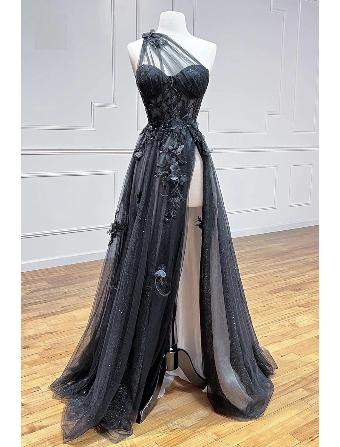 Elegant A-Line One Shoulder Color Block Tulle Prom Dress with Sweep Train.