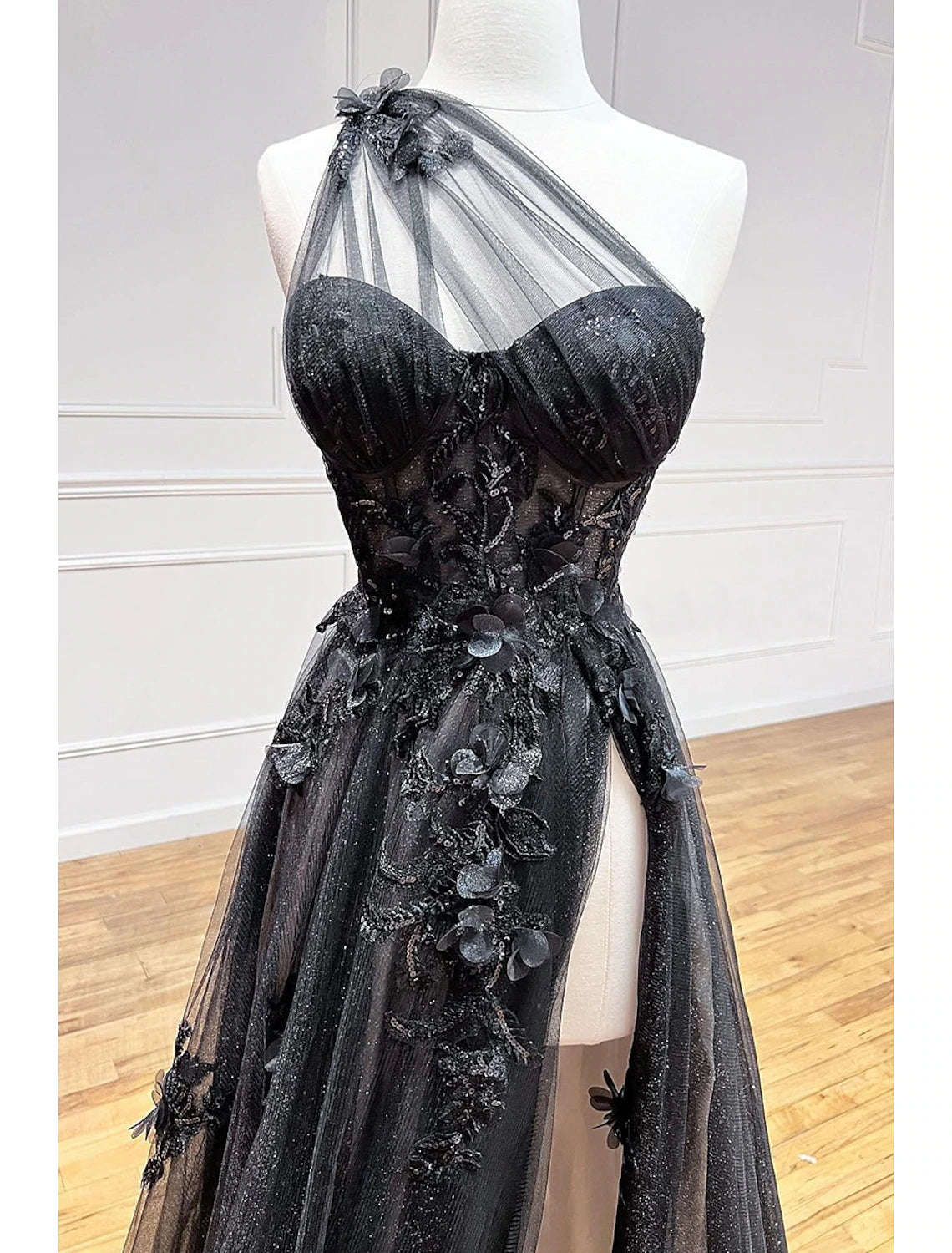 Elegant A-Line One Shoulder Color Block Tulle Prom Dress with Sweep Train.