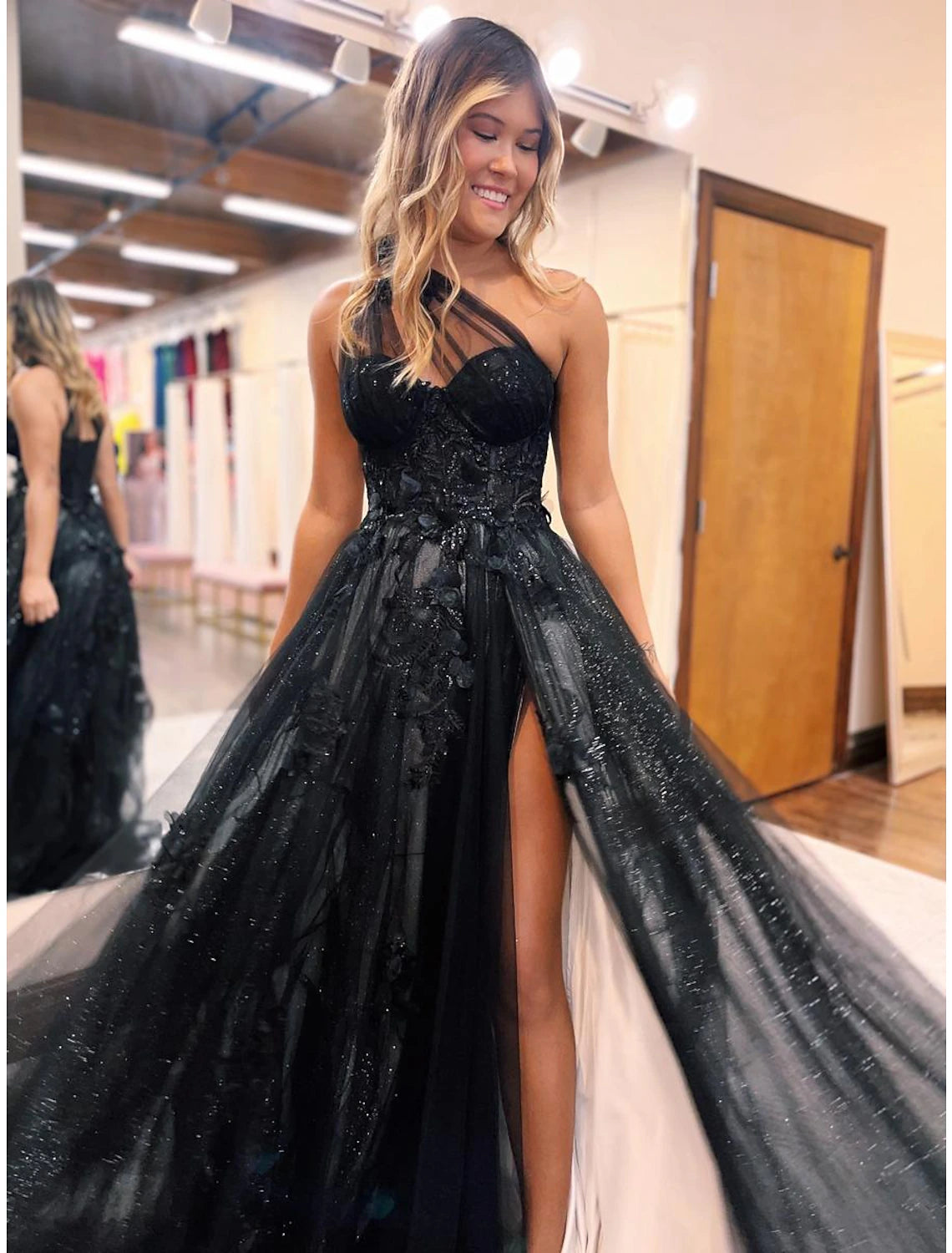 Elegant A-Line One Shoulder Color Block Tulle Prom Dress with Sweep Train.