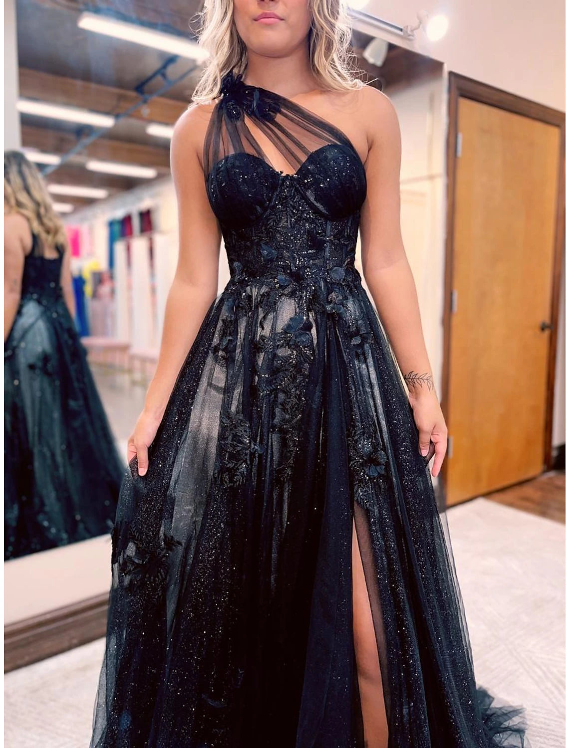 Elegant A-Line One Shoulder Color Block Tulle Prom Dress with Sweep Train.