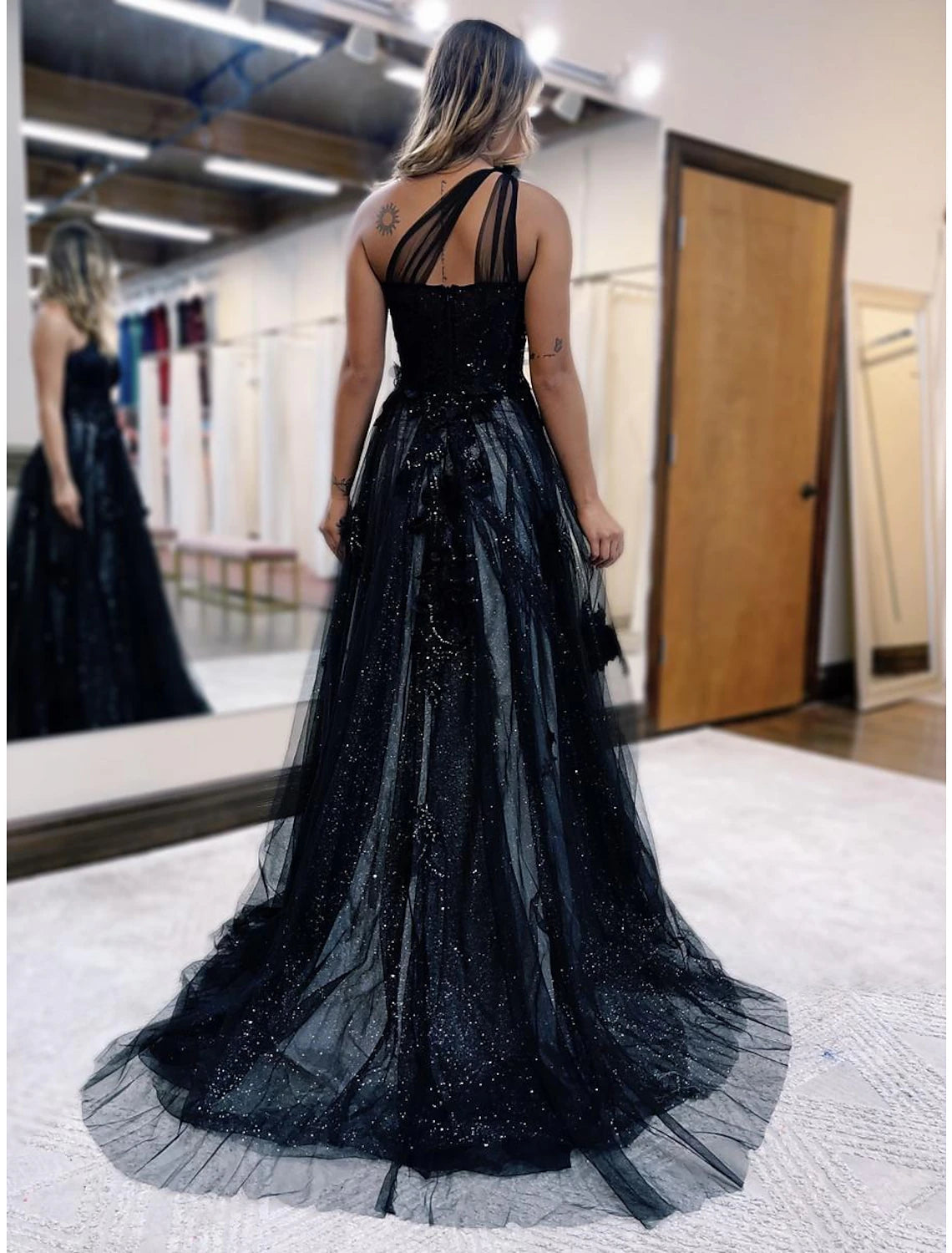 Elegant A-Line One Shoulder Color Block Tulle Prom Dress with Sweep Train.