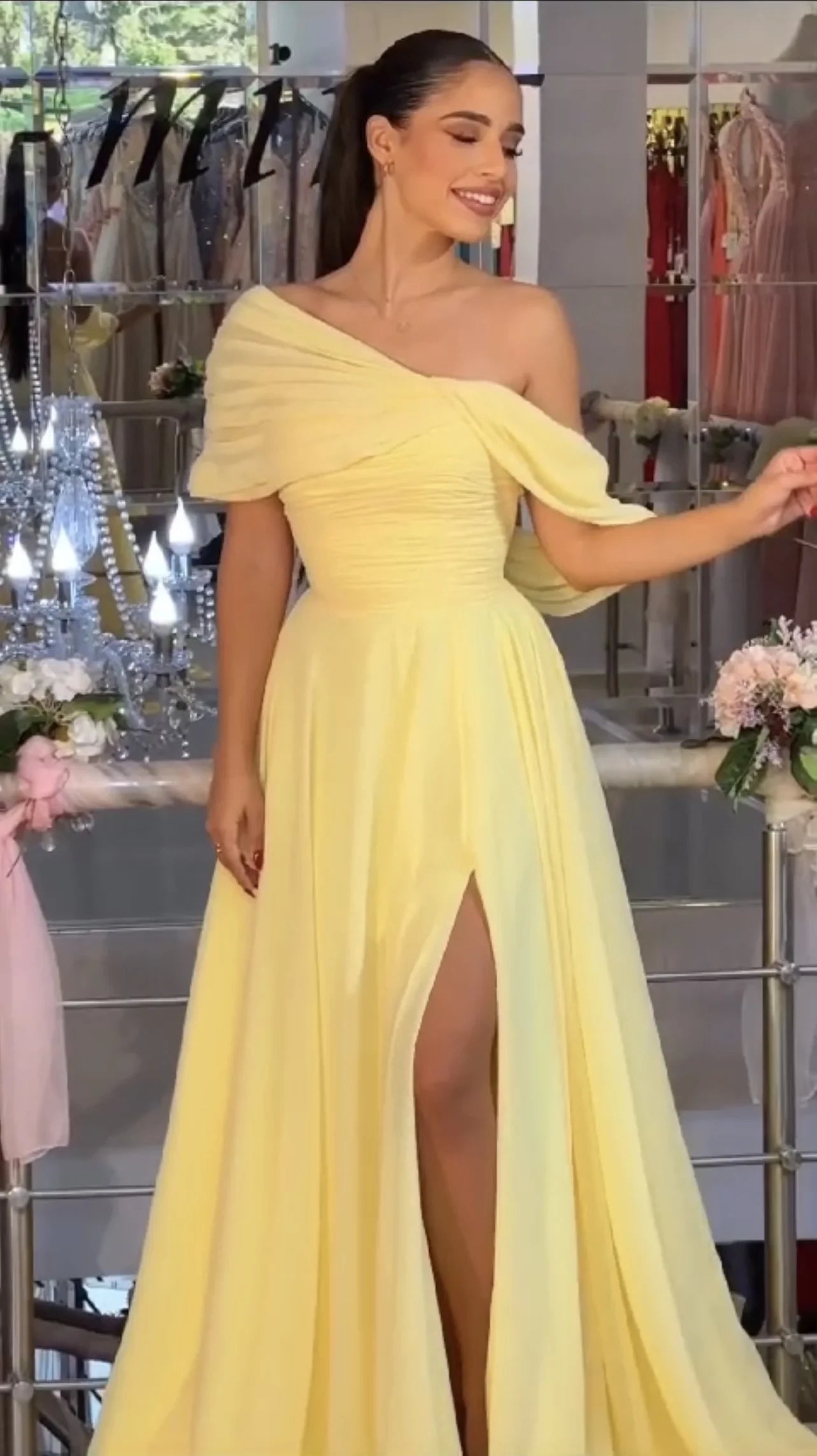 Elegant A-Line One-Shoulder Draped-Sleeve Open Back High-Slit Chiffon Train Evening Dress