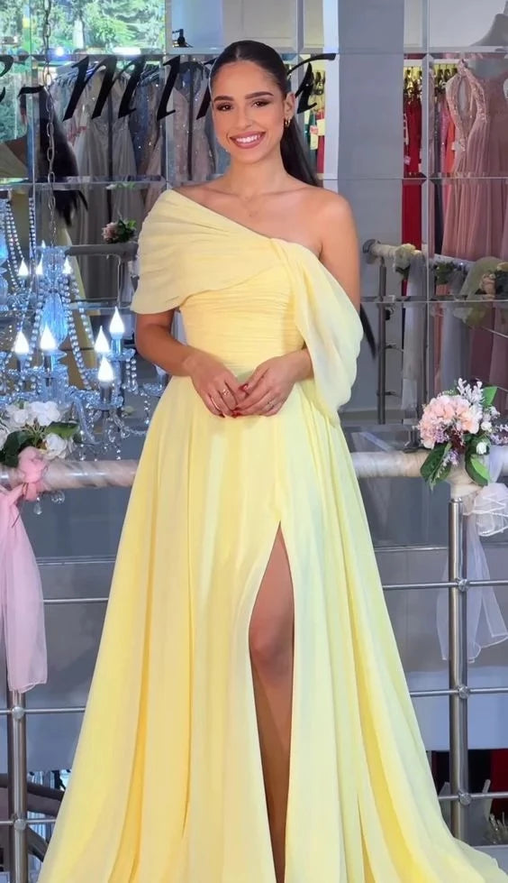 Elegant A-Line One-Shoulder Draped-Sleeve Open Back High-Slit Chiffon Train Evening Dress