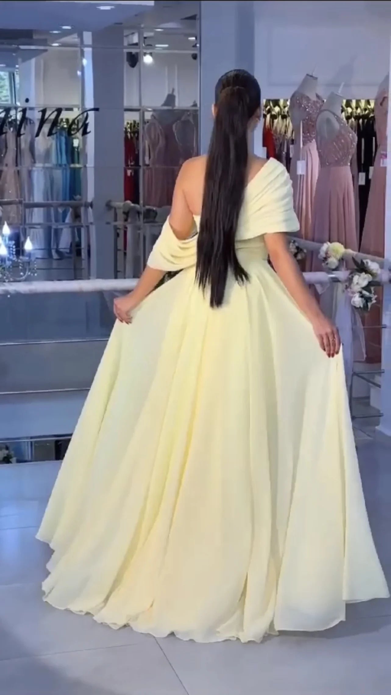 Elegant A-Line One-Shoulder Draped-Sleeve Open Back High-Slit Chiffon Train Evening Dress