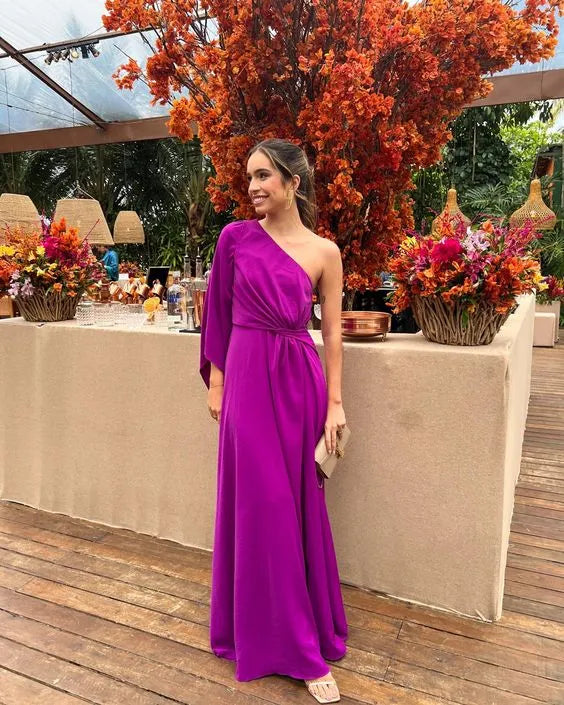 Elegant A-Line One-Shoulder Long Sleeve Plain Back Floor Length Formal Evening Dress