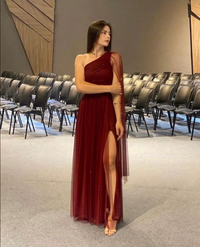 Elegant A-Line One-Shoulder Sheer-Cape Open Back High-Slit Tulle Maxi Evening Dress