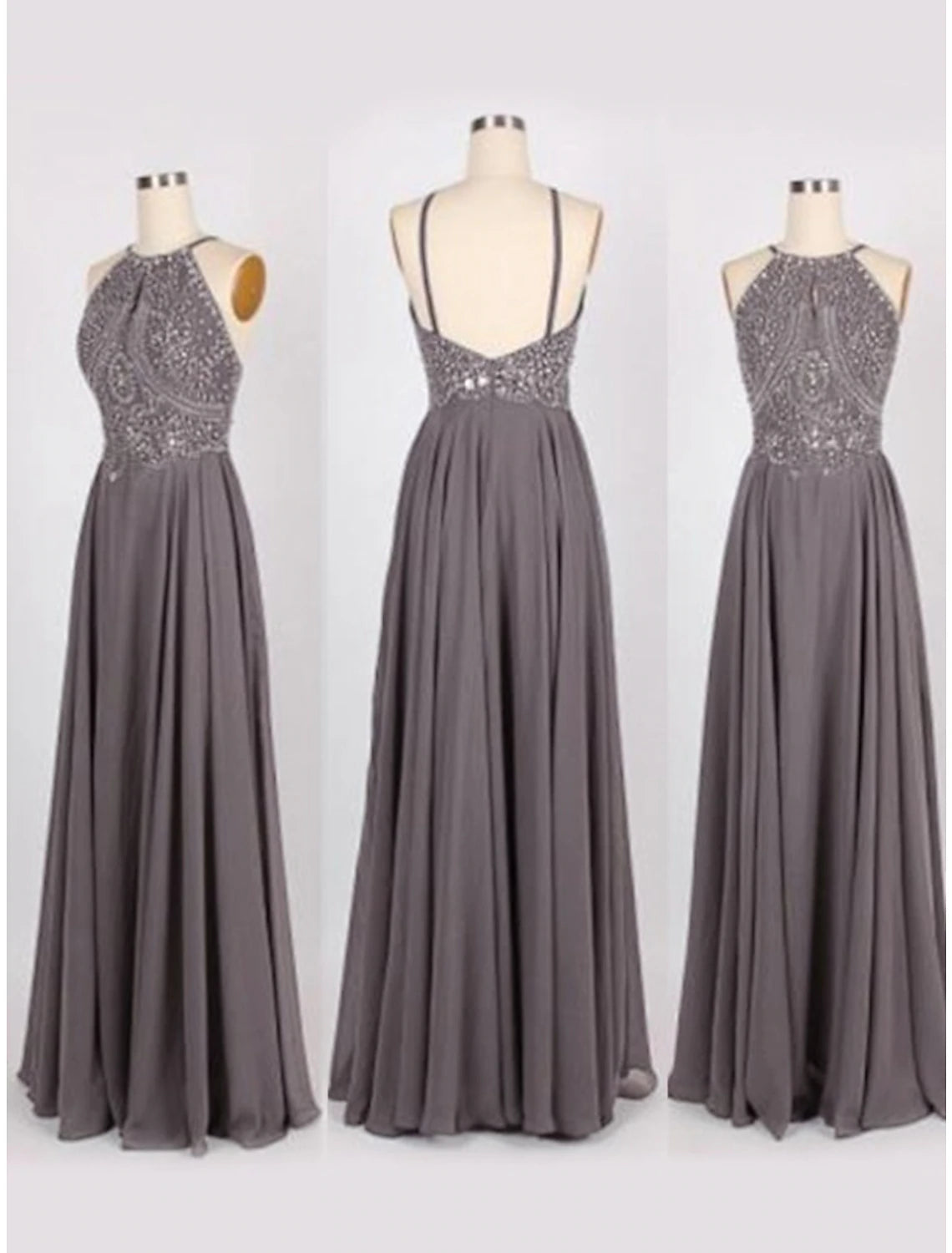 Elegant A-Line Princess Halter Beaded Chiffon Prom Dress with Sweep Train.