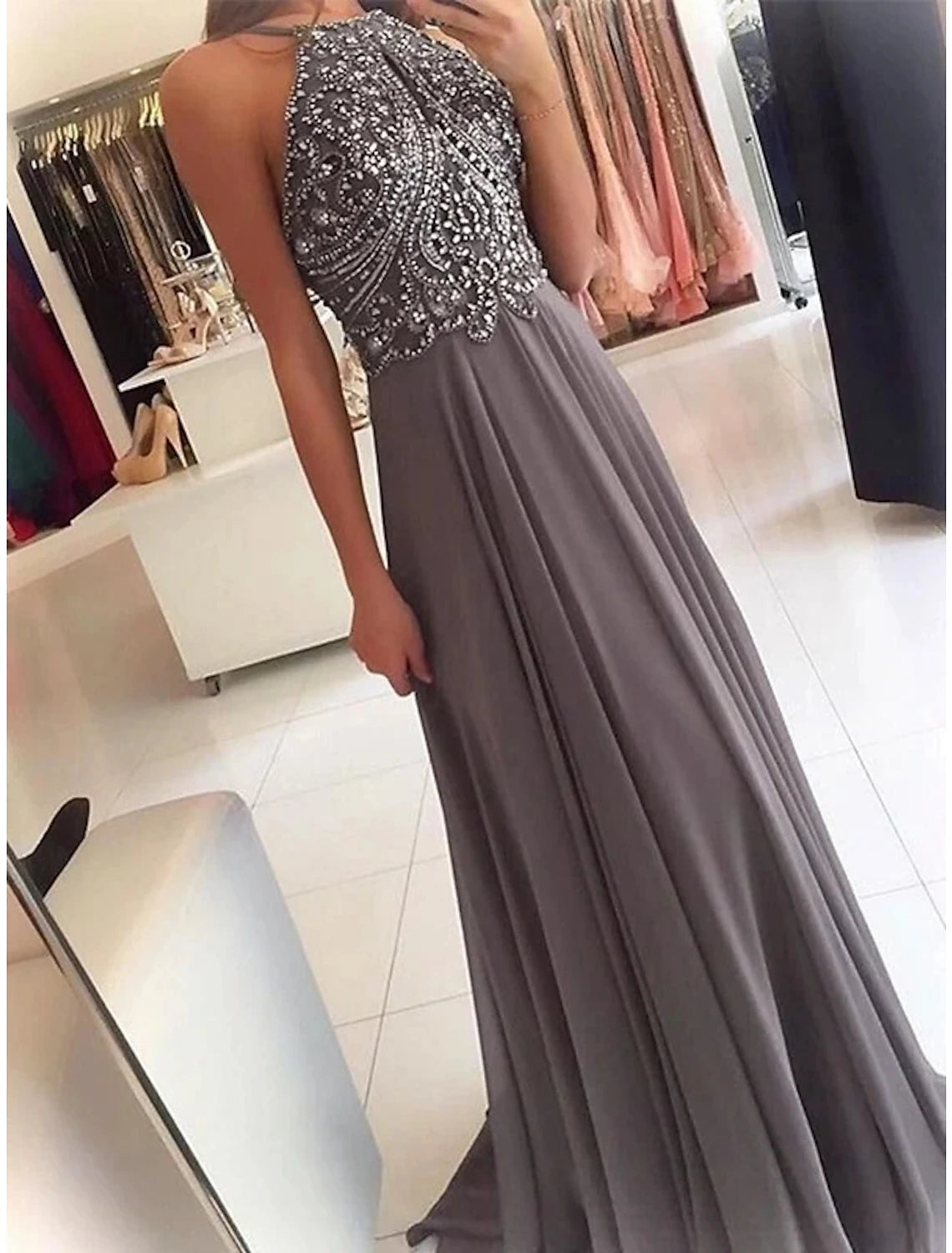 Elegant A-Line Princess Halter Beaded Chiffon Prom Dress with Sweep Train.