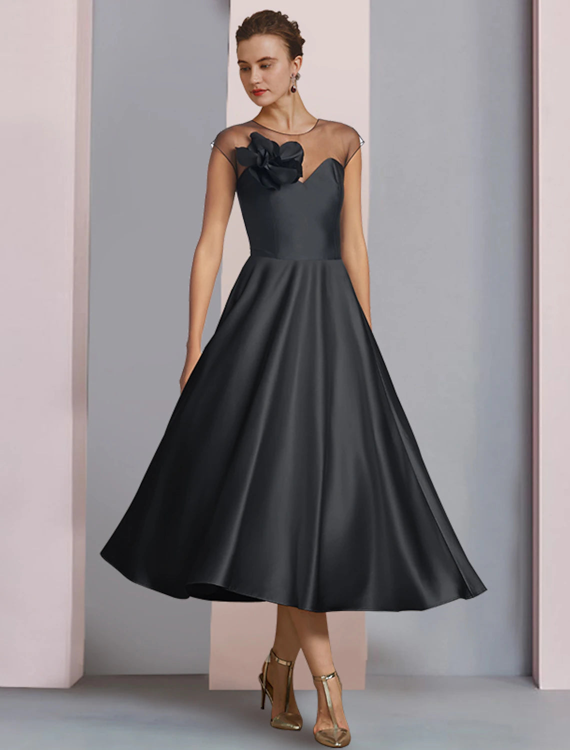 Elegant A-Line Scoop Neck Half Sleeve Pleated Floral Tea Length Dress.