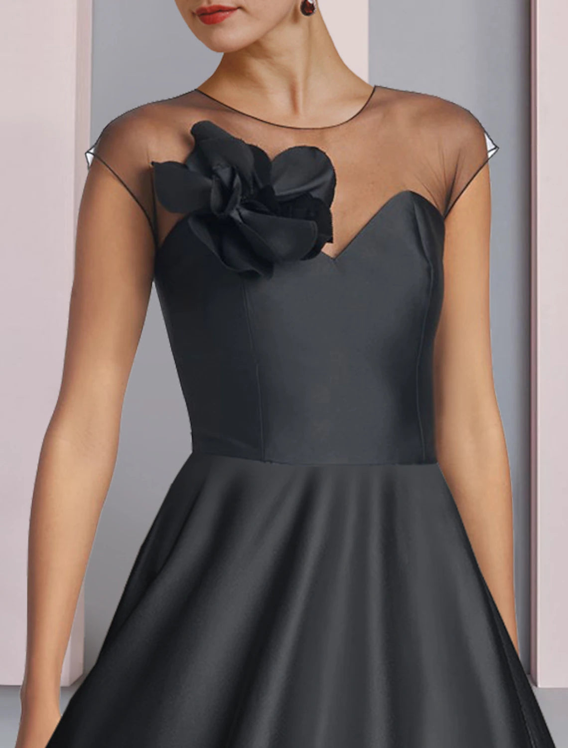Elegant A-Line Scoop Neck Half Sleeve Pleated Floral Tea Length Dress.