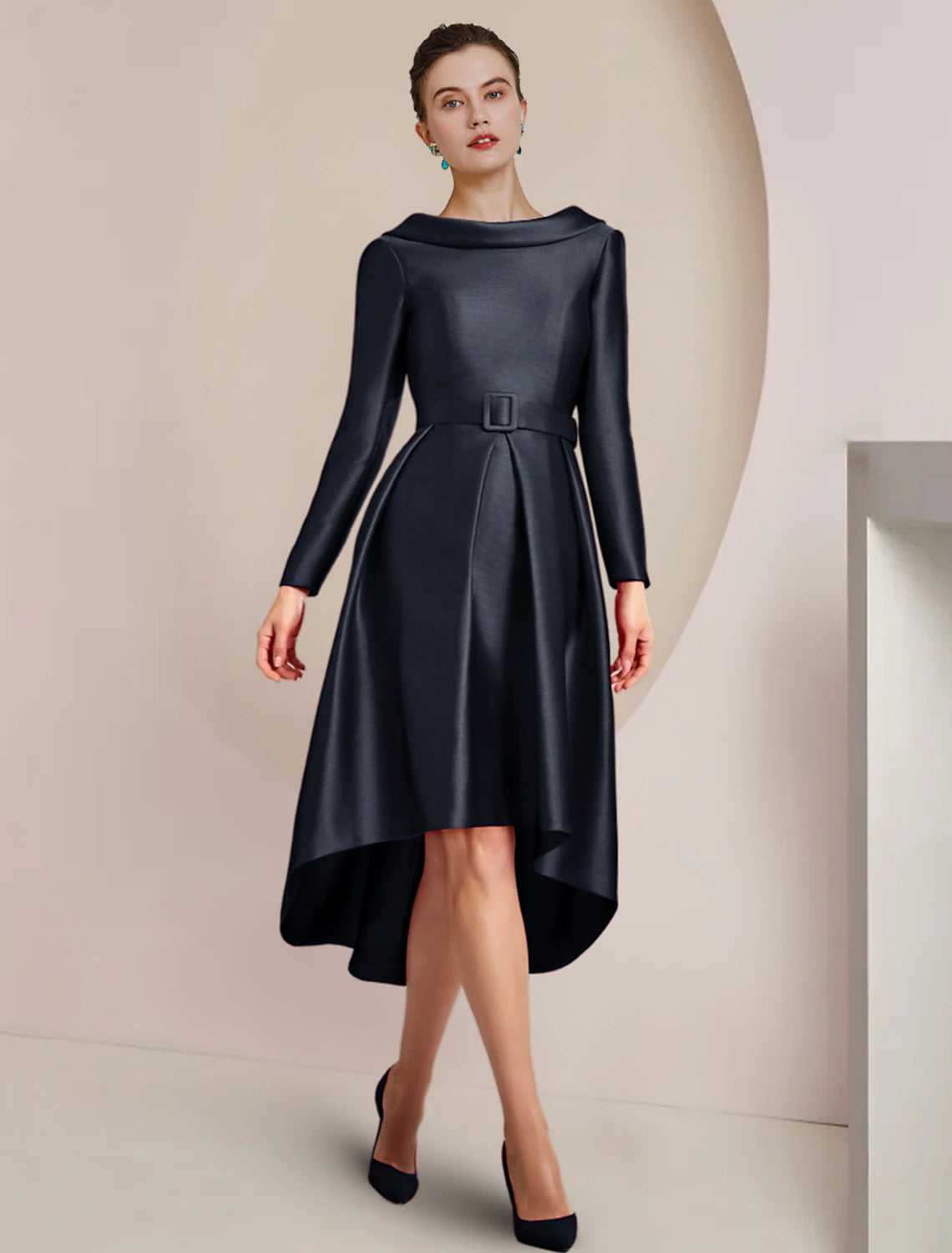 Elegant A-Line Scoop Neck Long Sleeve High-Low Asymmetrical Satin Dress.