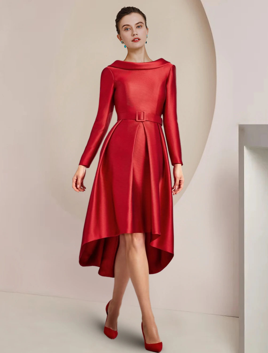 Elegant A-Line Scoop Neck Long Sleeve High-Low Asymmetrical Satin Dress.