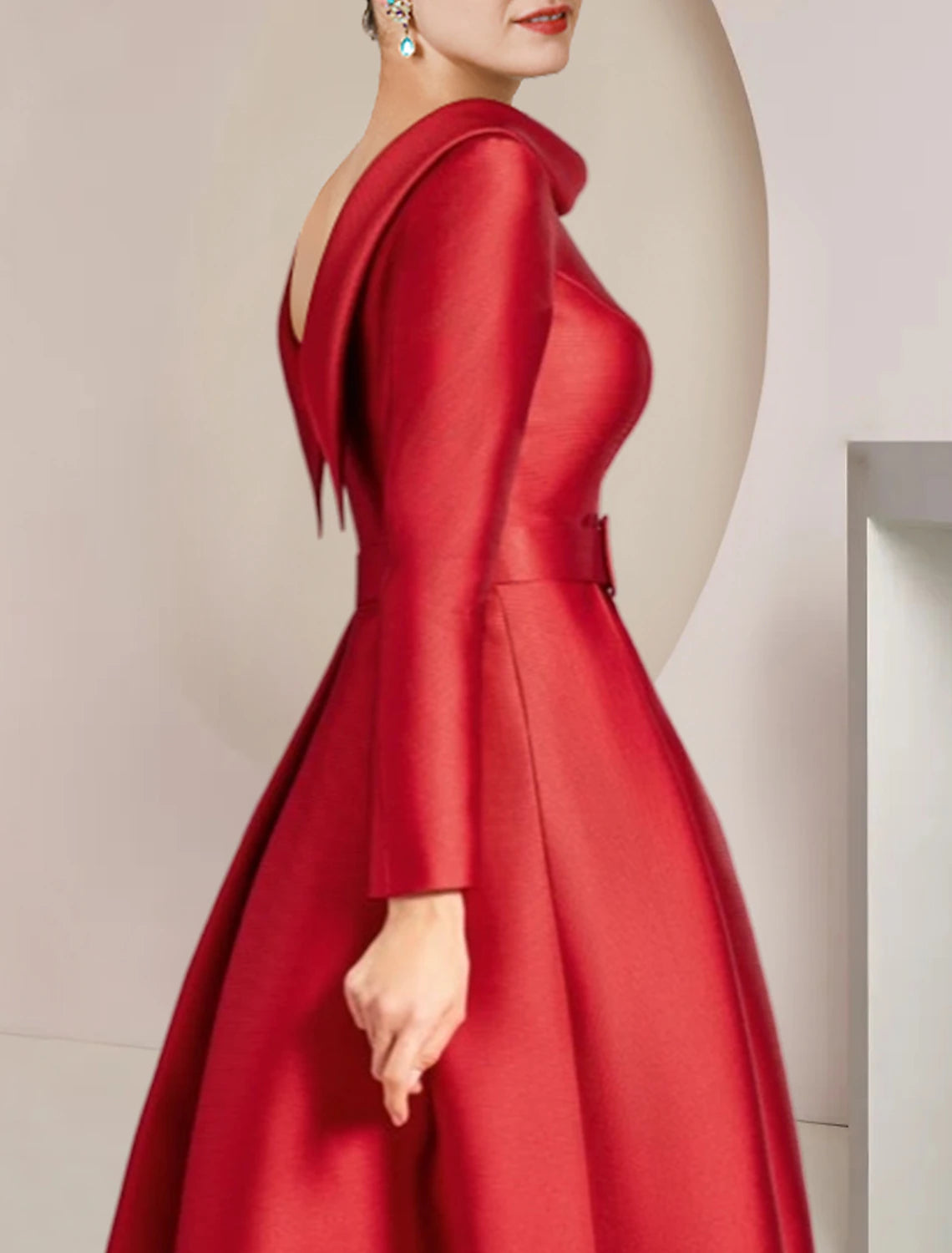 Elegant A-Line Scoop Neck Long Sleeve High-Low Asymmetrical Satin Dress.
